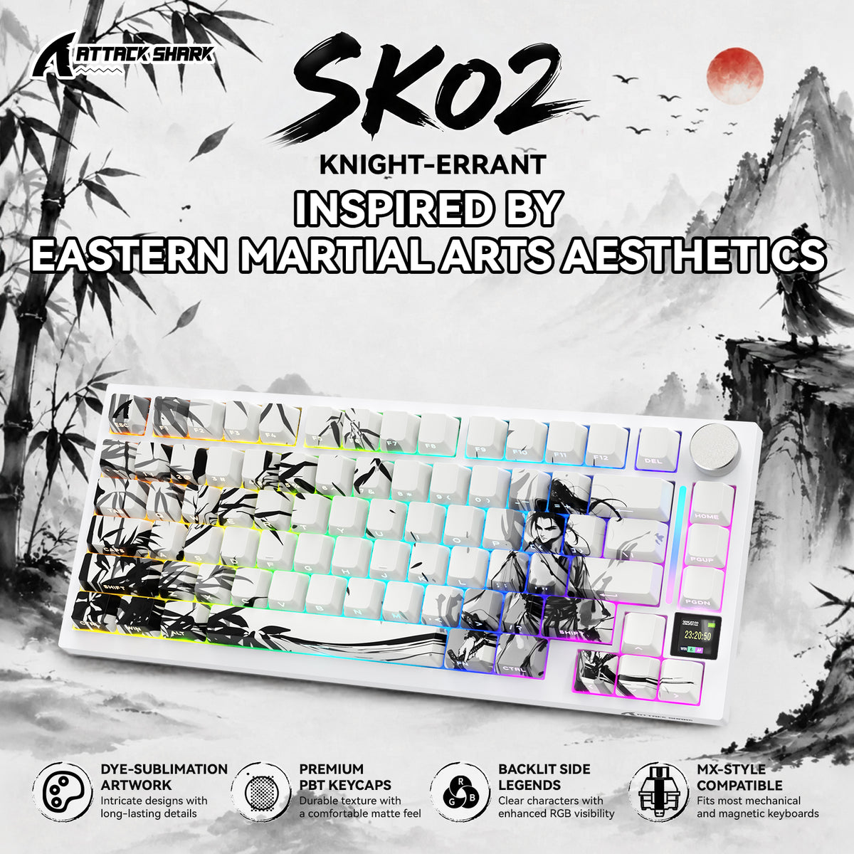 ATTACK SHARK SK02, 129 touches, touches PBT imprimées sur le côté, ANSI/ISO, chevalier errant