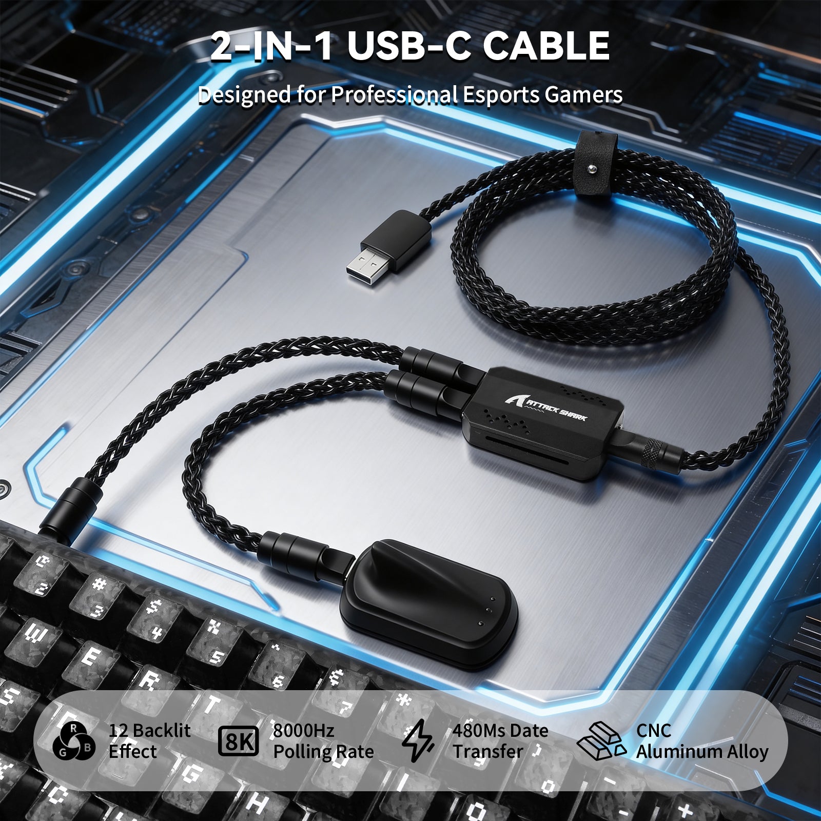 Câble 2-en-1 Type C ATTACK SHARK C07 PRO pour Clavier/Souris Gaming 8KHz