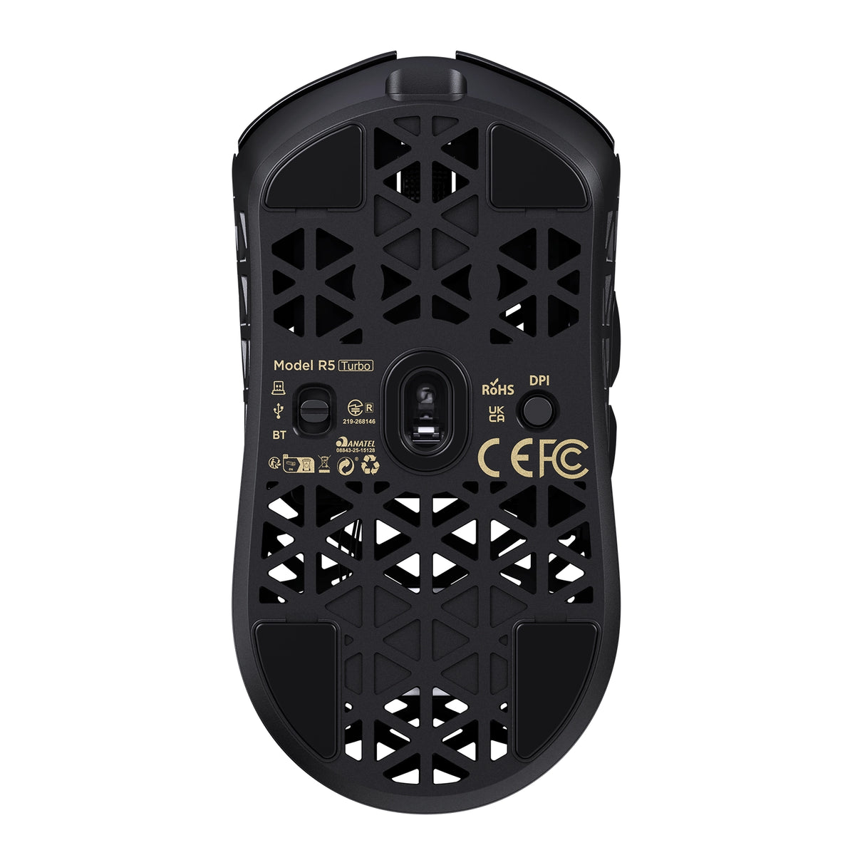 ATTACK SHARK R5 TURBO in Black, bottom view with PAW3950MAX sensor and DPI button