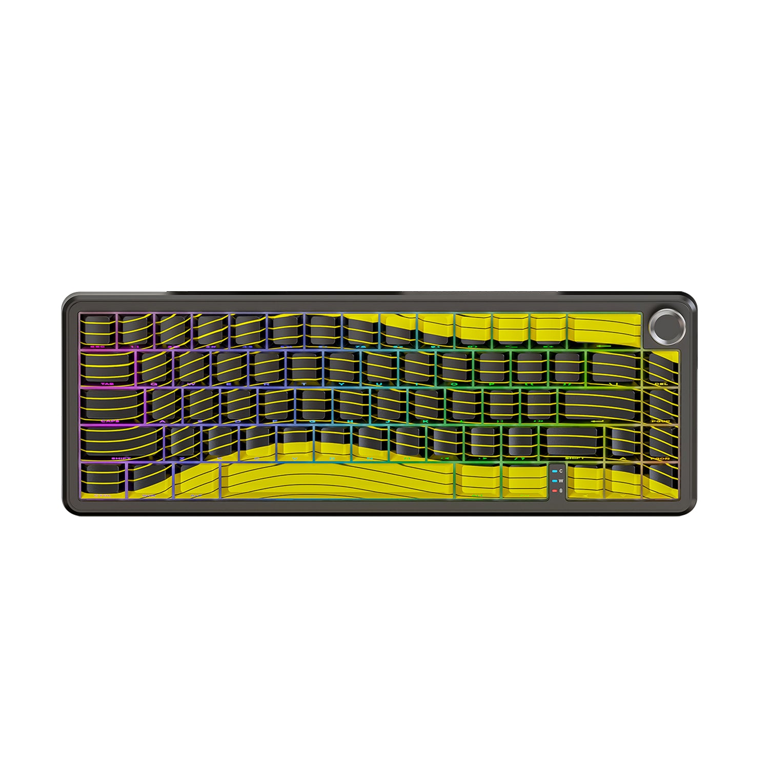 ATTACK SHARK X65PRO HE keyboard with yellow keycaps and RGB backlighting, featuring a multimedia knob.