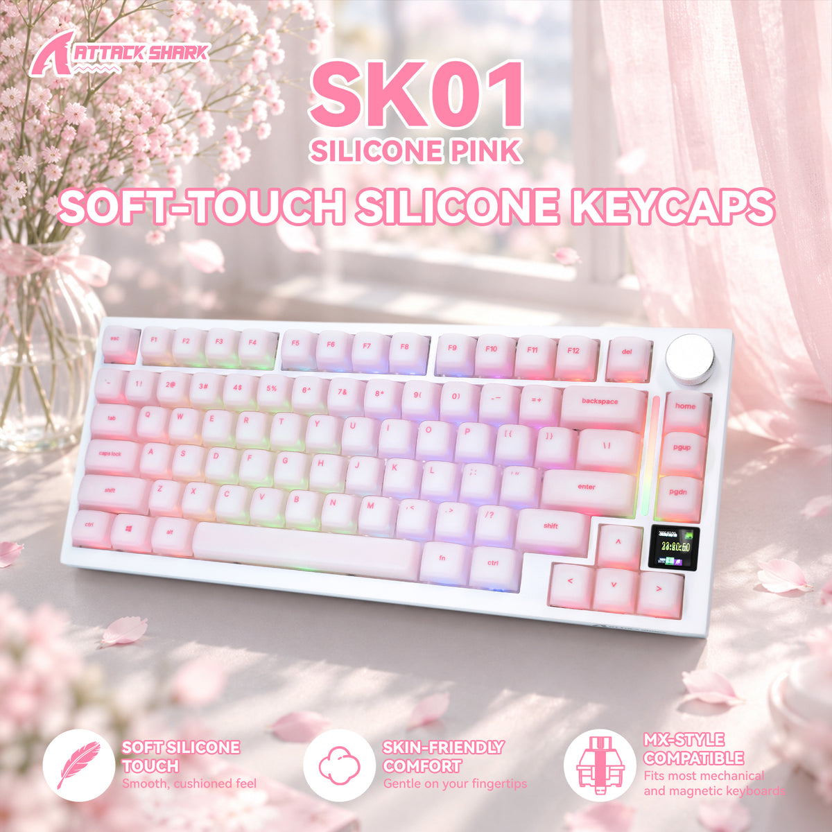 ATTACK SHARK SK01 Ensemble de 113 touches avec capuchons en silicone, profil Cherry, ANSI, rose