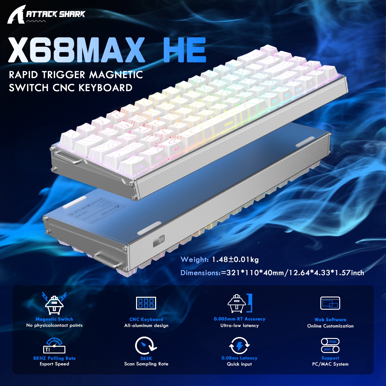 Clavier en aluminium CNC à déclenchement rapide ATTACK SHARK X68MAX HE avec interrupteur magnétique et câble enroulé RGB C01Ultra