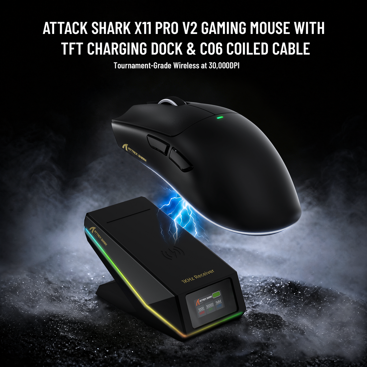 Souris de jeu sans fil ATTACK SHARK X11 PRO V2 avec écran TFT, station de charge et câble enroulé C06