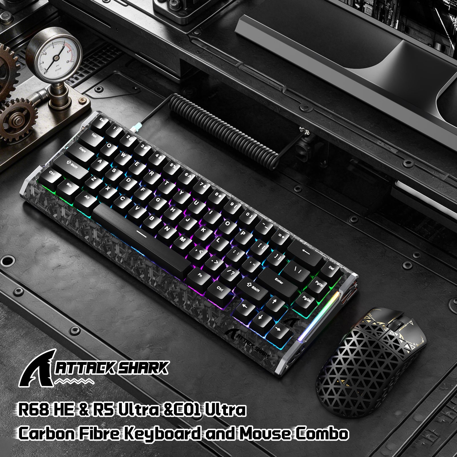 Pack gaming ATTACK SHARK R68 HE & R5 ULTRA en fibre de carbone avec câble enroulé Ultra C01