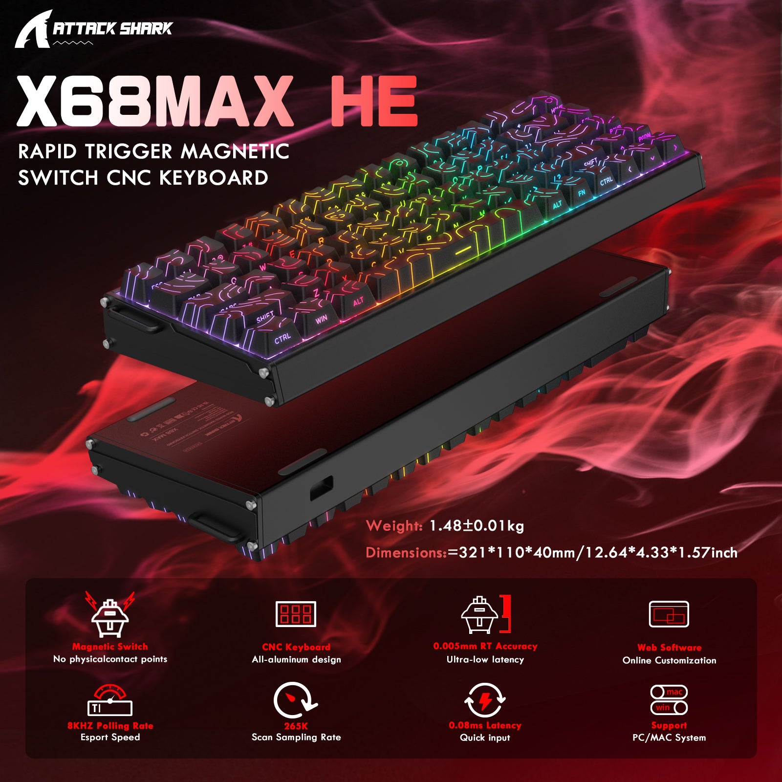 Clavier en aluminium CNC à déclenchement rapide ATTACK SHARK X68MAX HE avec interrupteur magnétique et câble enroulé RGB C01Ultra