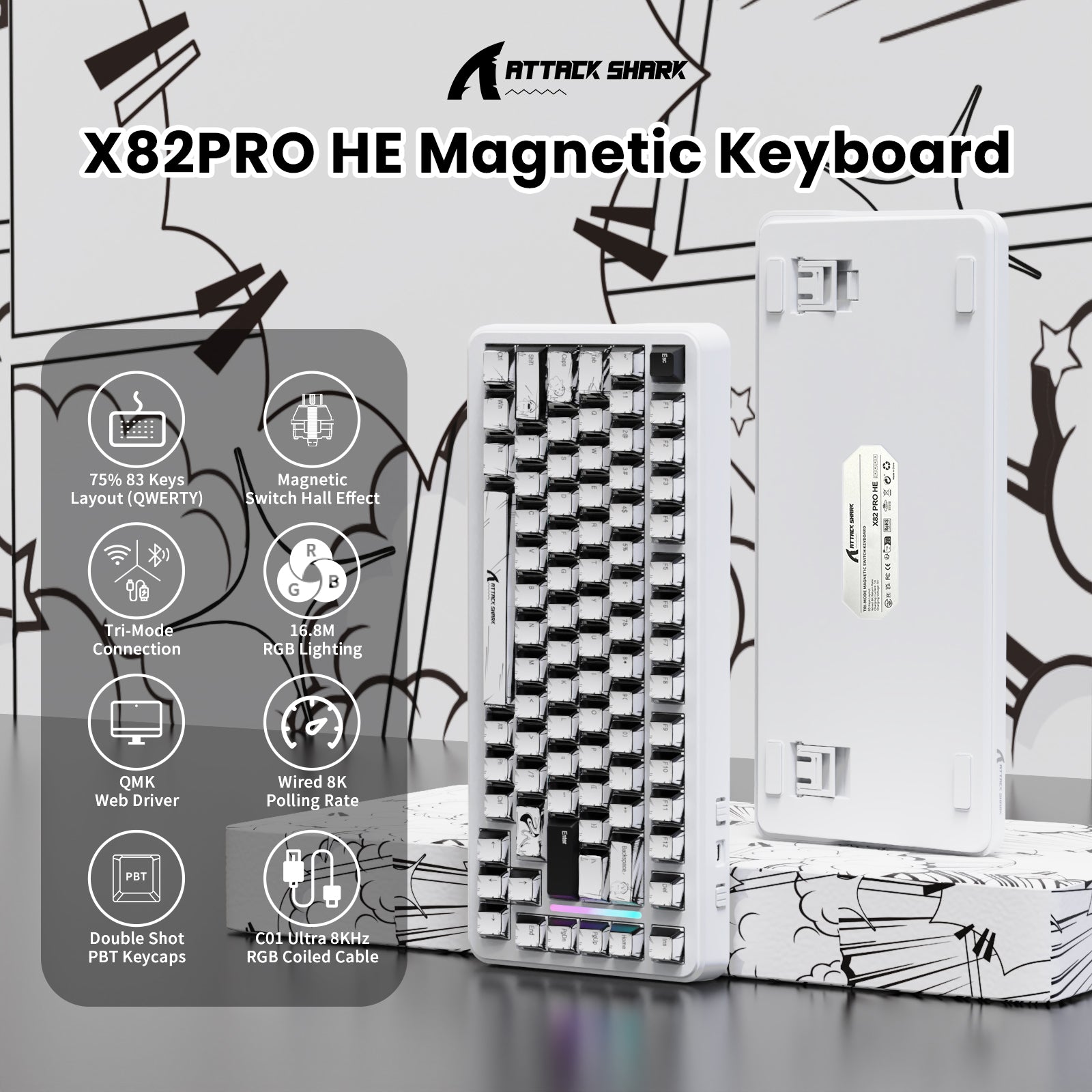 ATTACK SHARK X82PRO HE Magnetic Keyboard, white, 75% layout, RGB, and C01 Ultra coiled cable. Tri-mode, 8K polling.