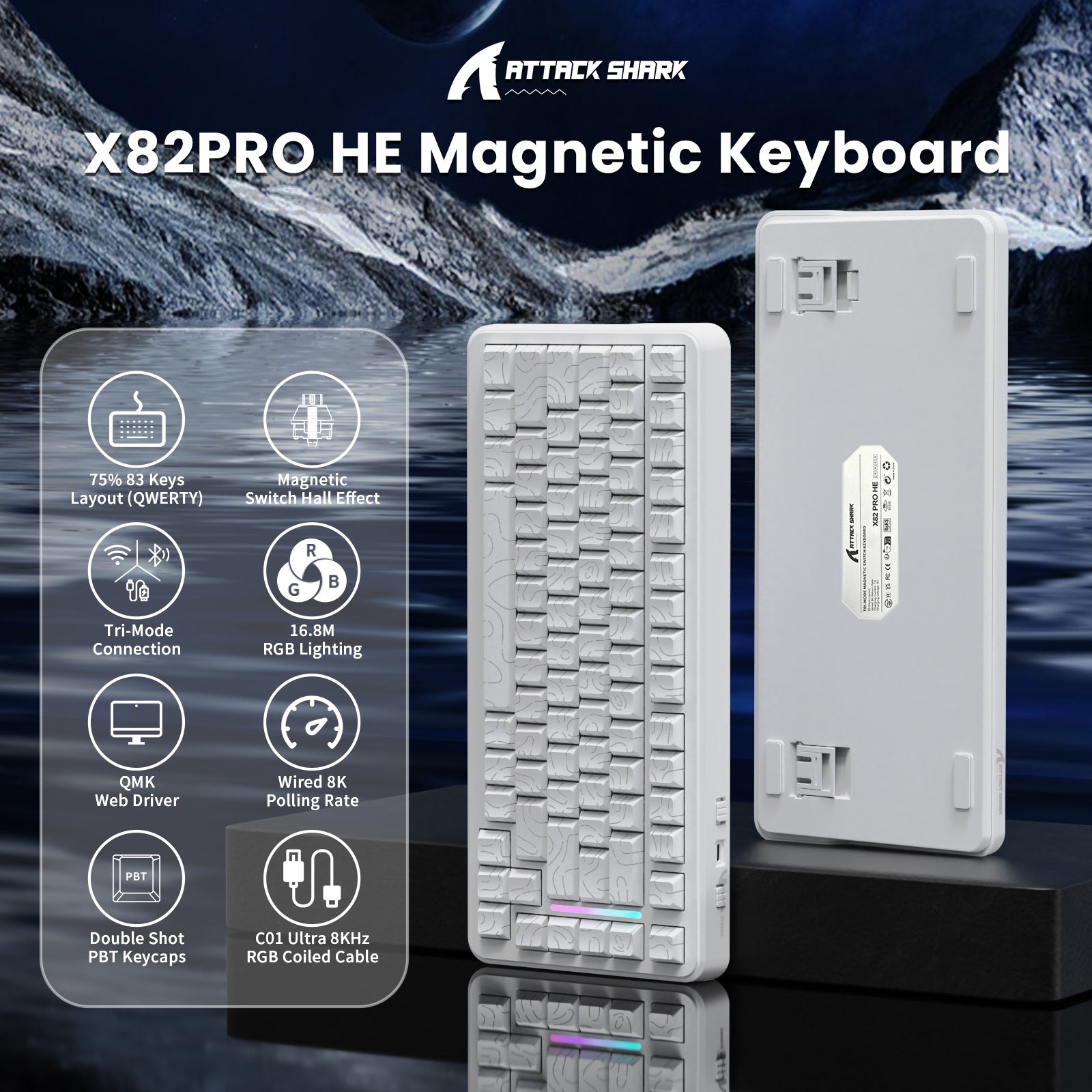 ATTACK SHARK X82PRO HE Magnetic Keyboard, white, 75% layout, RGB lighting, C01 Ultra coiled cable, 8KHz polling rate.