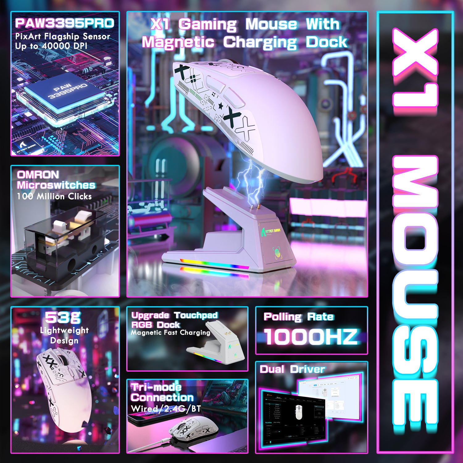 ATTACK SHARK X1 gaming mouse with magnetic charging dock, PAW3395PRO sensor, RGB lighting, 1000Hz polling rate, tri-mode