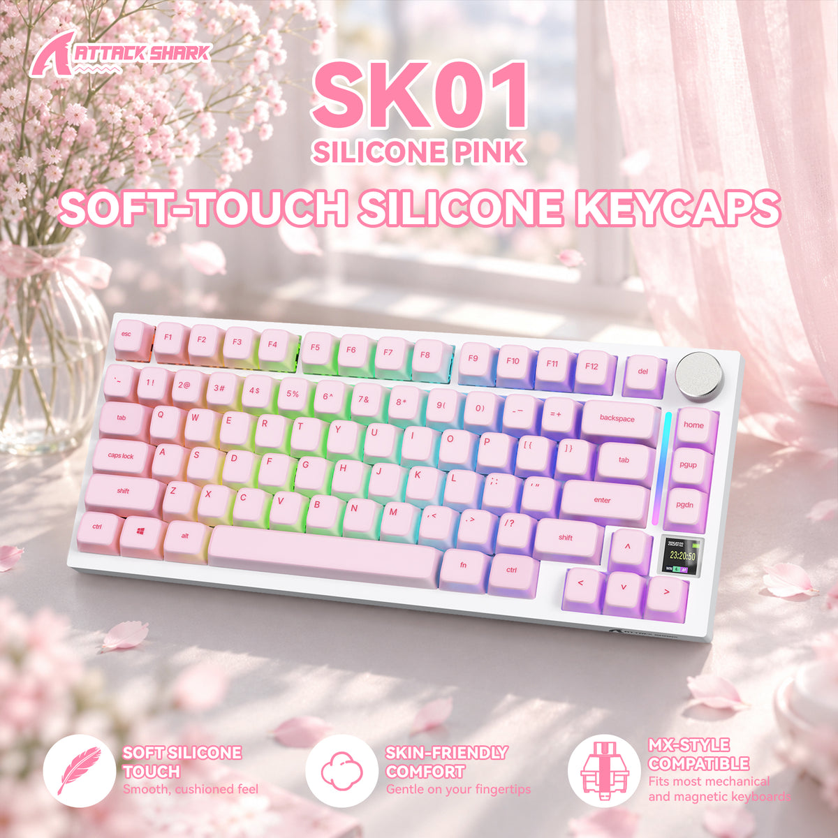 ATTACK SHARK SK01 Ensemble de 113 touches avec capuchons en silicone, profil Cherry, ANSI, rose