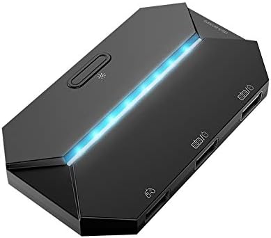 ATTACK SHARK G6L gaming converter with blue RGB backlight, USB ports for keyboard, mouse, and controller.