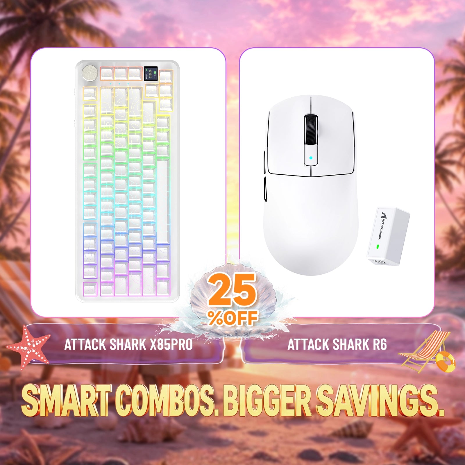 White ATTACK SHARK X85PRO mechanical keyboard and R6 wireless mouse bundle, 25% off