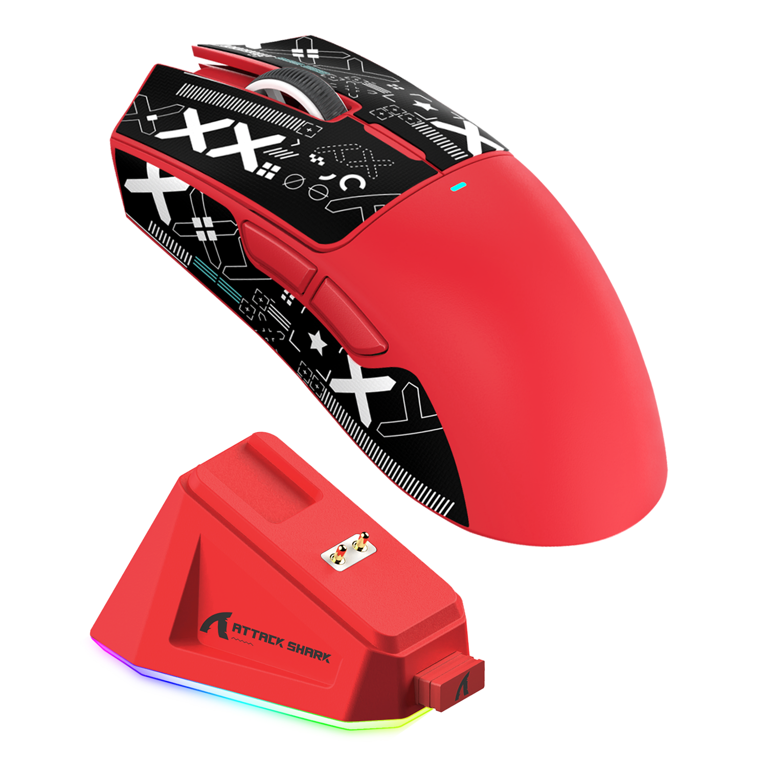 Red ATTACK SHARK X11 wireless gaming mouse with geometric patterns and charging dock with RGB lighting.
