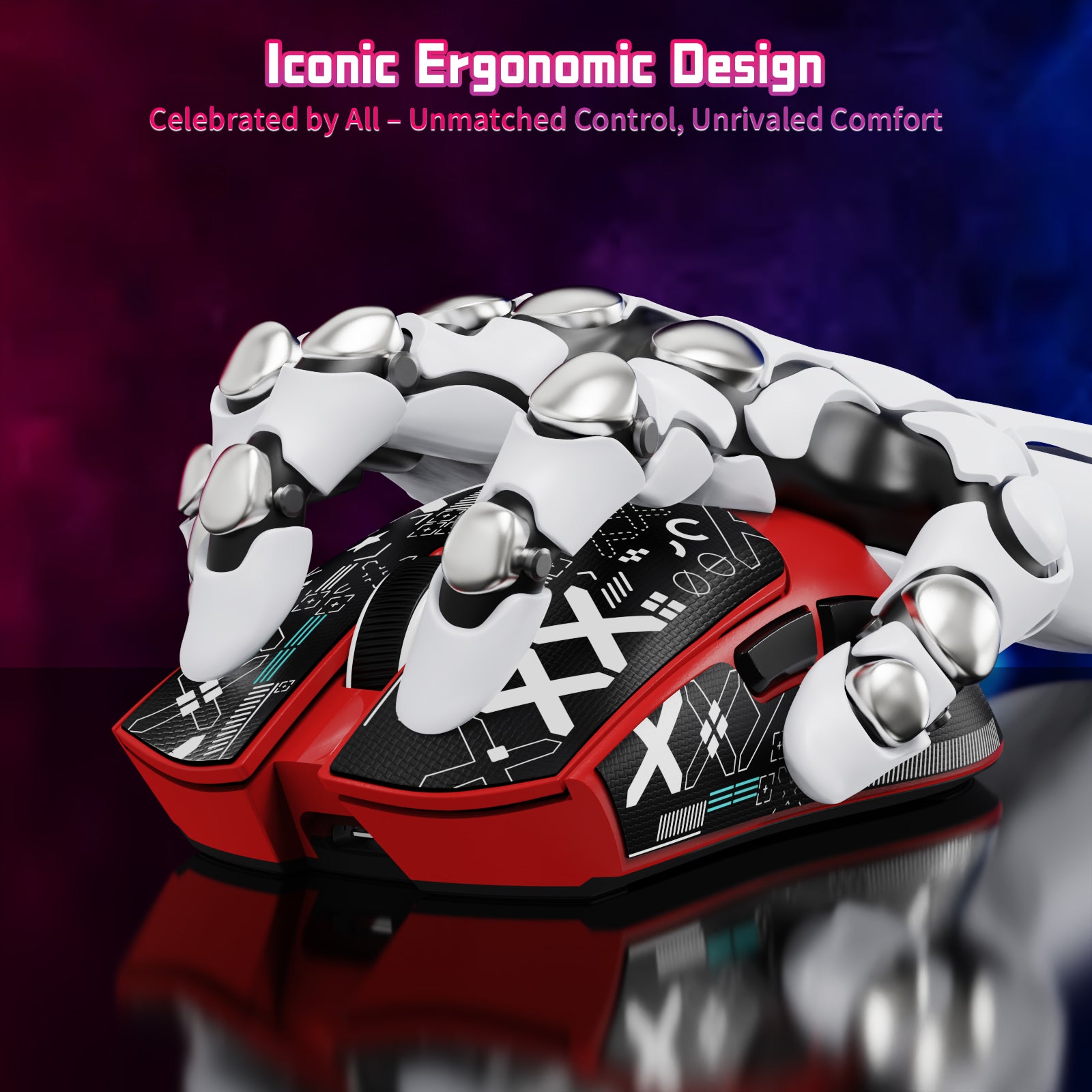 ATTACK SHARK X11SE ergonomic gaming mouse in red, held by a robotic hand, iconic design.