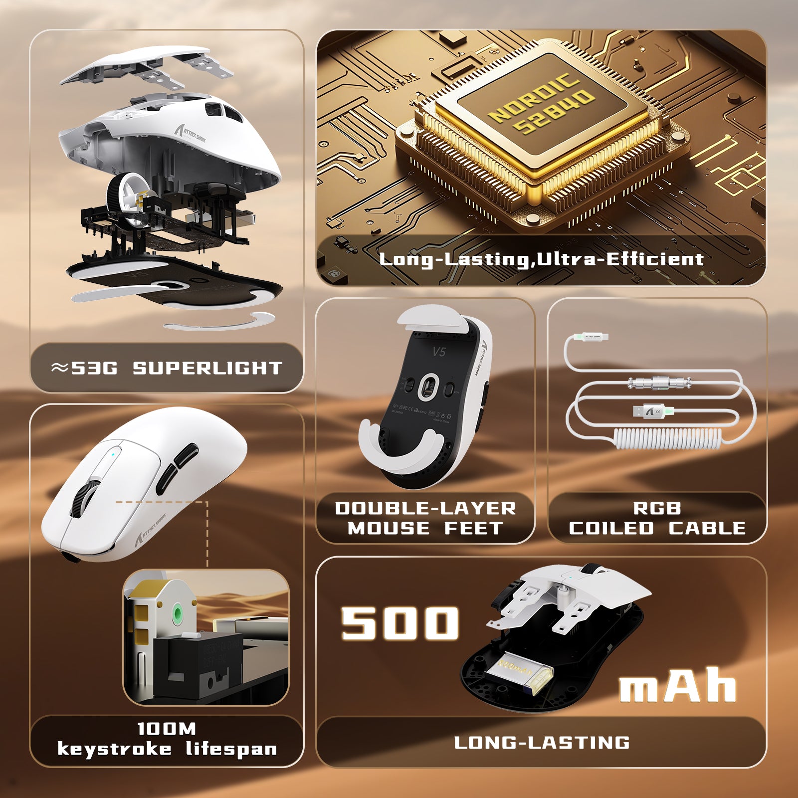 Souris de jeu sans fil ATTACK SHARK V5 8 kHz PAW3950MAX avec câble C06 Ultra