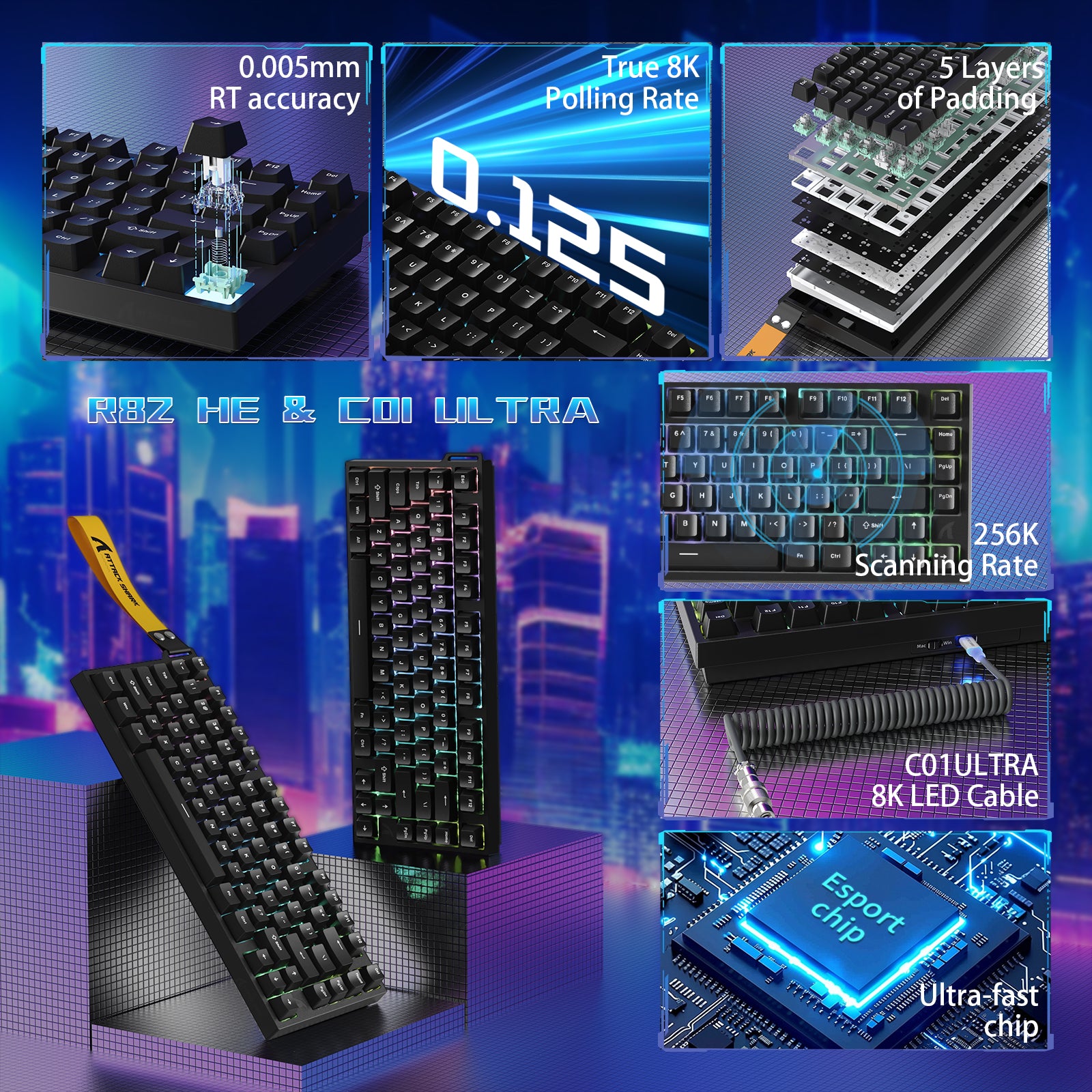 Clavier de jeu filaire ATTACK SHARK R82 HE 75 % avec câble LED C01ULTRA