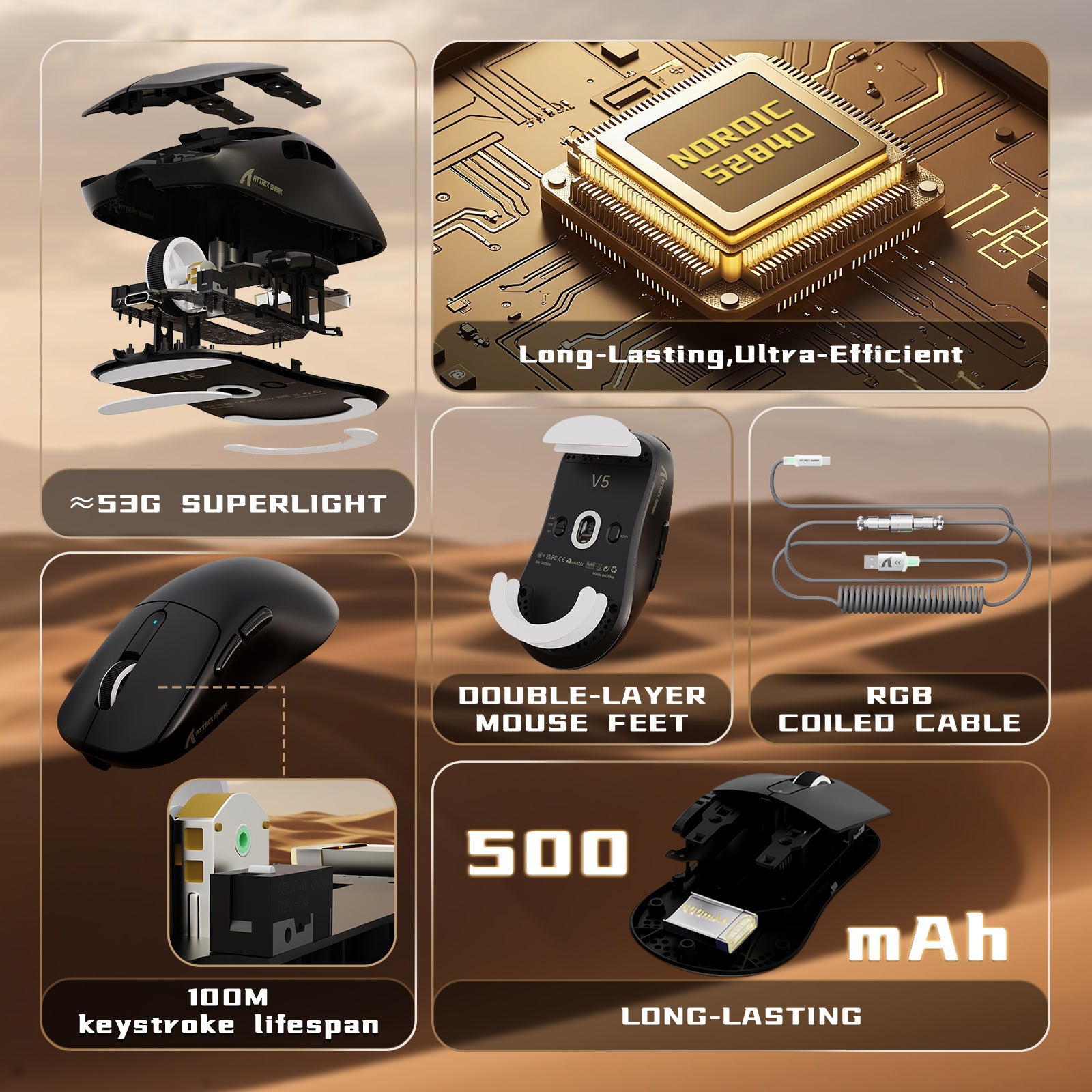 Souris de jeu sans fil ATTACK SHARK V5 8 kHz PAW3950MAX avec câble C06 Ultra