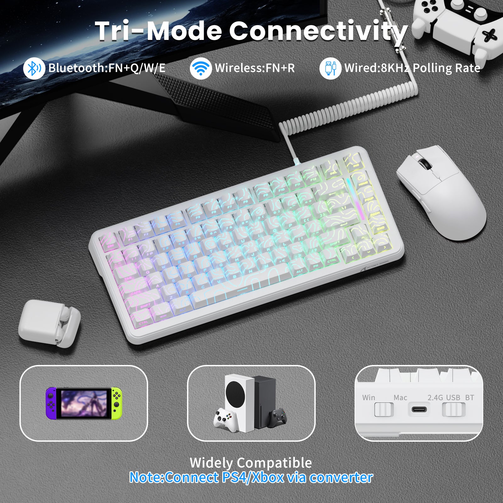 ATTACK SHARK X82PRO HE tri-mode keyboard: Bluetooth, Wireless, Wired. Compatible with various devices.