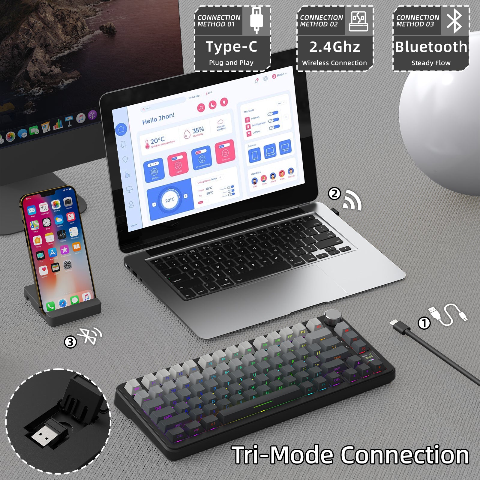 ATTACK SHARK X85PRO tri-mode keyboard with Type-C, 2.4GHz, and Bluetooth connectivity, shown with laptop and phone.