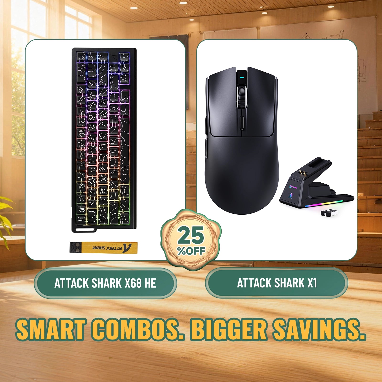 Pack clavier à déclenchement rapide ATTACK SHARK X68HE + souris gaming sans fil X1