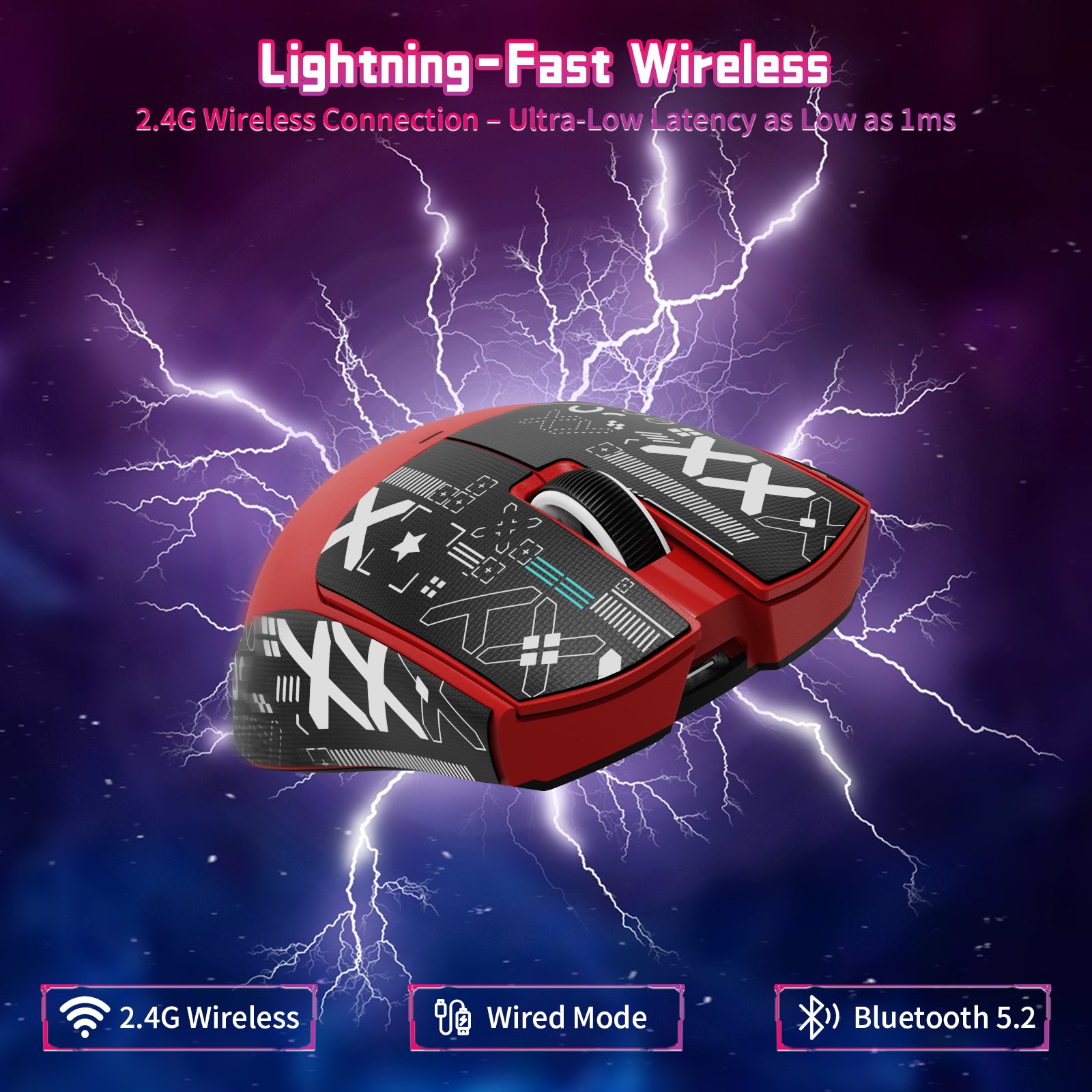 ATTACK SHARK X11SE wireless gaming mouse, red and black, lightning-fast wireless, 2.4G, Wired, Bluetooth.