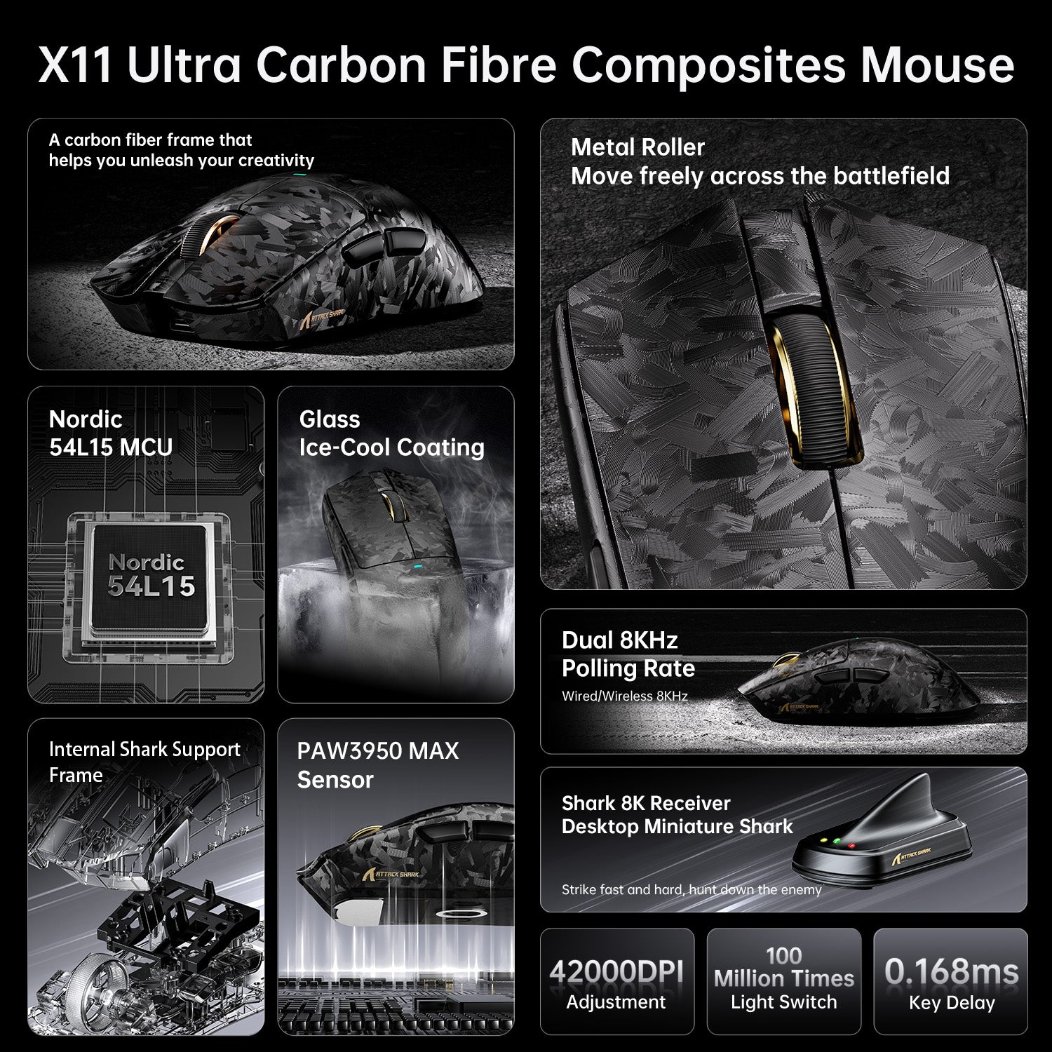 Souris de jeu sans fil ATTACK SHARK X11 ULTRA en fibre de carbone 8K PAW3950MAX