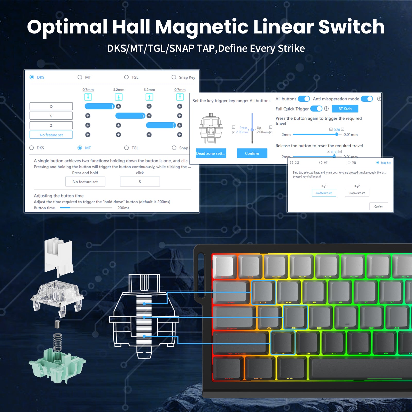 ATTACK SHARK X68 HE keyboard showing Optimal Hall Magnetic Switch customization options for enhanced gaming.