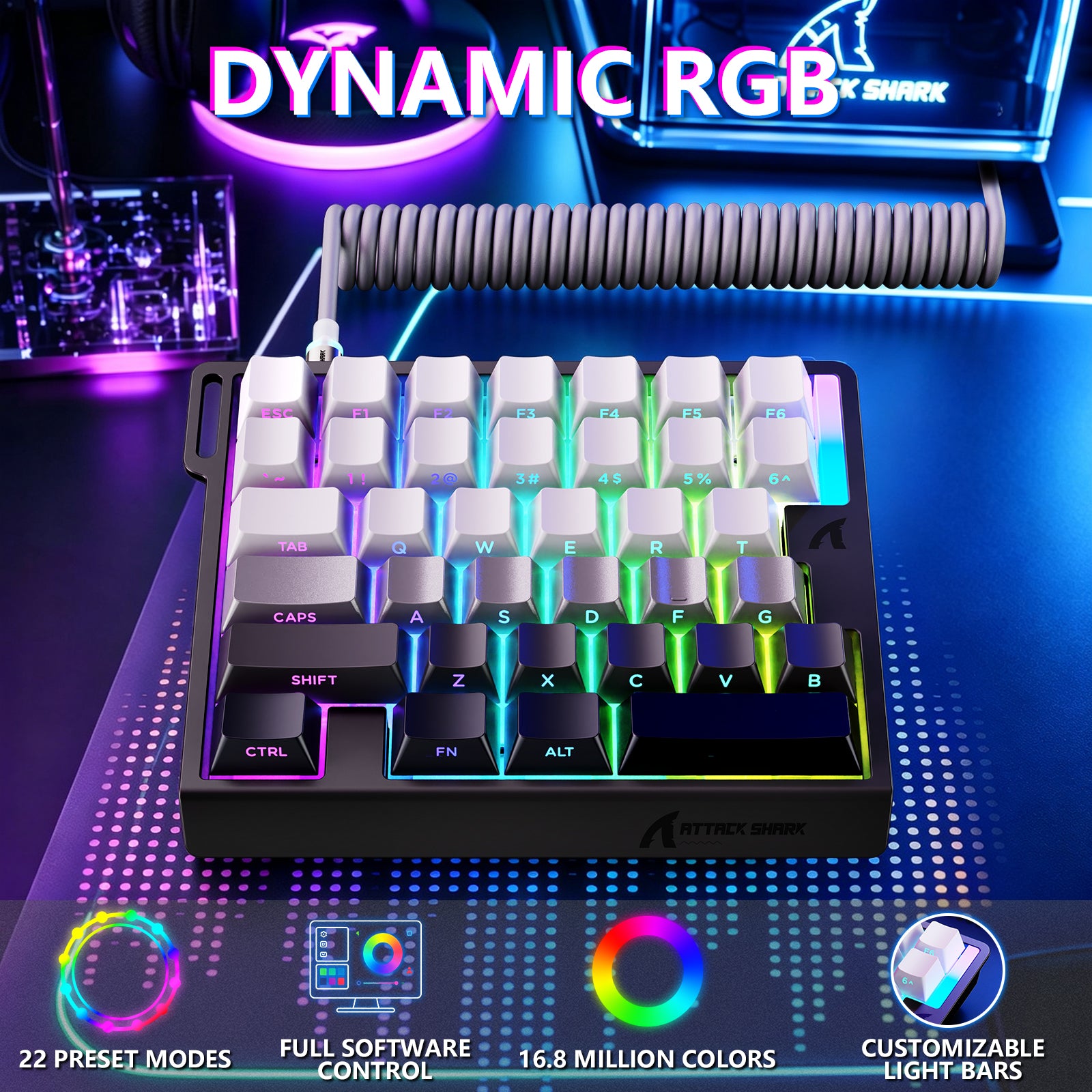 Clavier à interrupteur magnétique à une main ATTACK SHARK M36 HE & câble Aviateur LED ULTRA C01