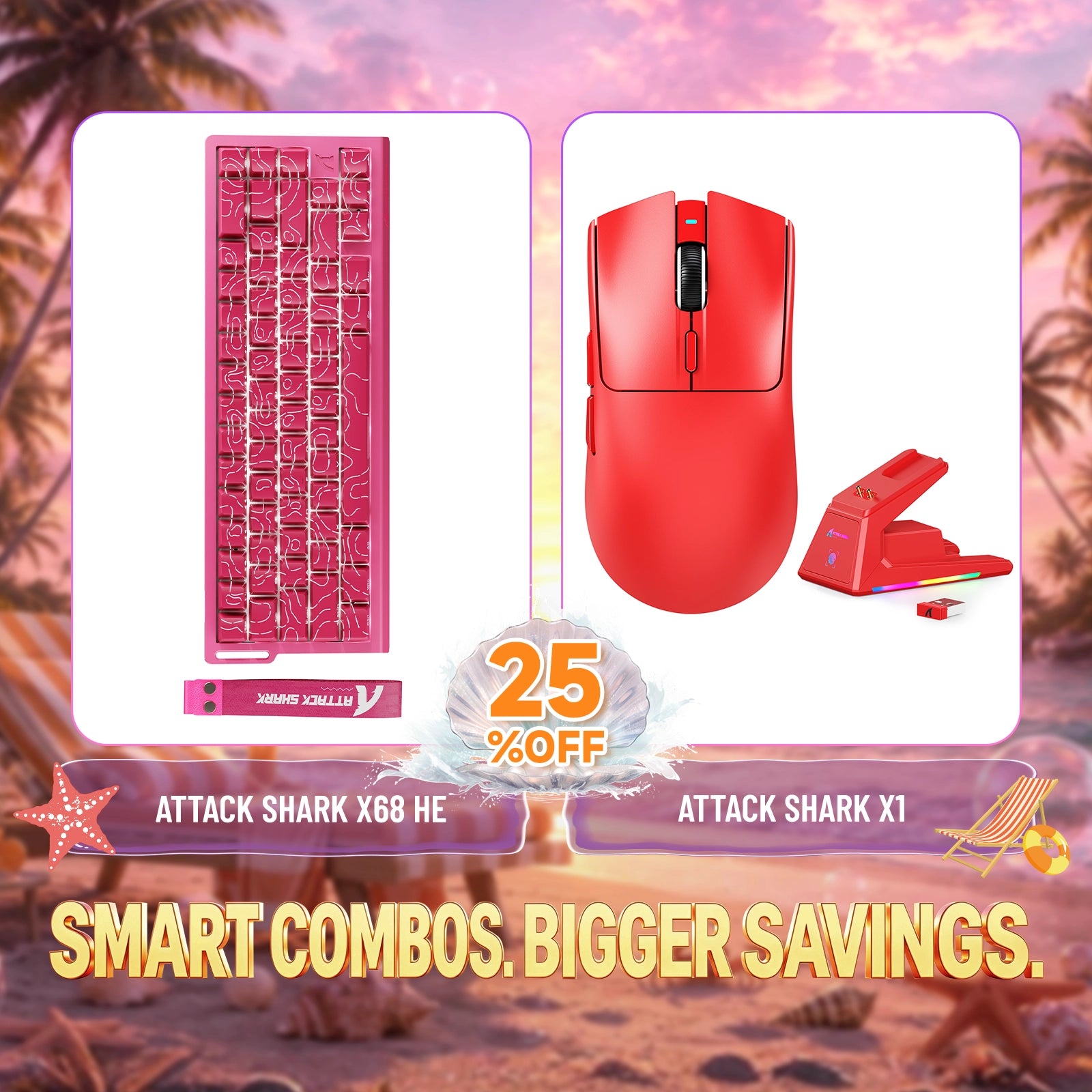 ATTACK SHARK X68HE pink rapid trigger keyboard and X1 red wireless gaming mouse bundle with 25% off