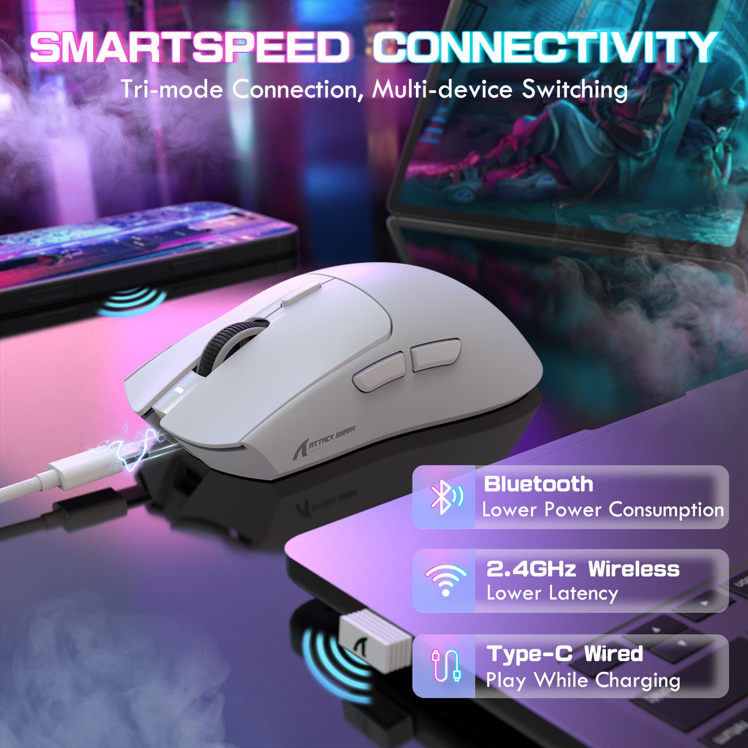 ATTACK SHARK X1 gaming mouse: Tri-mode connection (Bluetooth, 2.4GHz, Type-C) for versatile gaming.