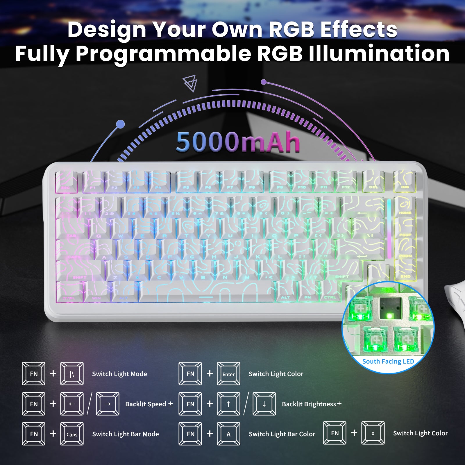 ATTACK SHARK X82PRO HE keyboard. Customizable RGB, 5000mAh battery, south-facing LED, and FN key functions.