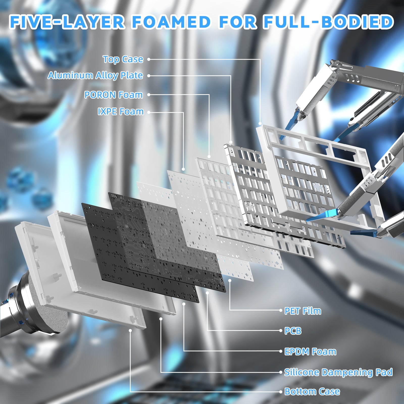 ATTACK SHARK R82 HE keyboard layers: Top Case, Aluminum Plate, PORON, IXPE, PET Film, PCB, EPDM Foam, Silicone Pad, Bottom Case.