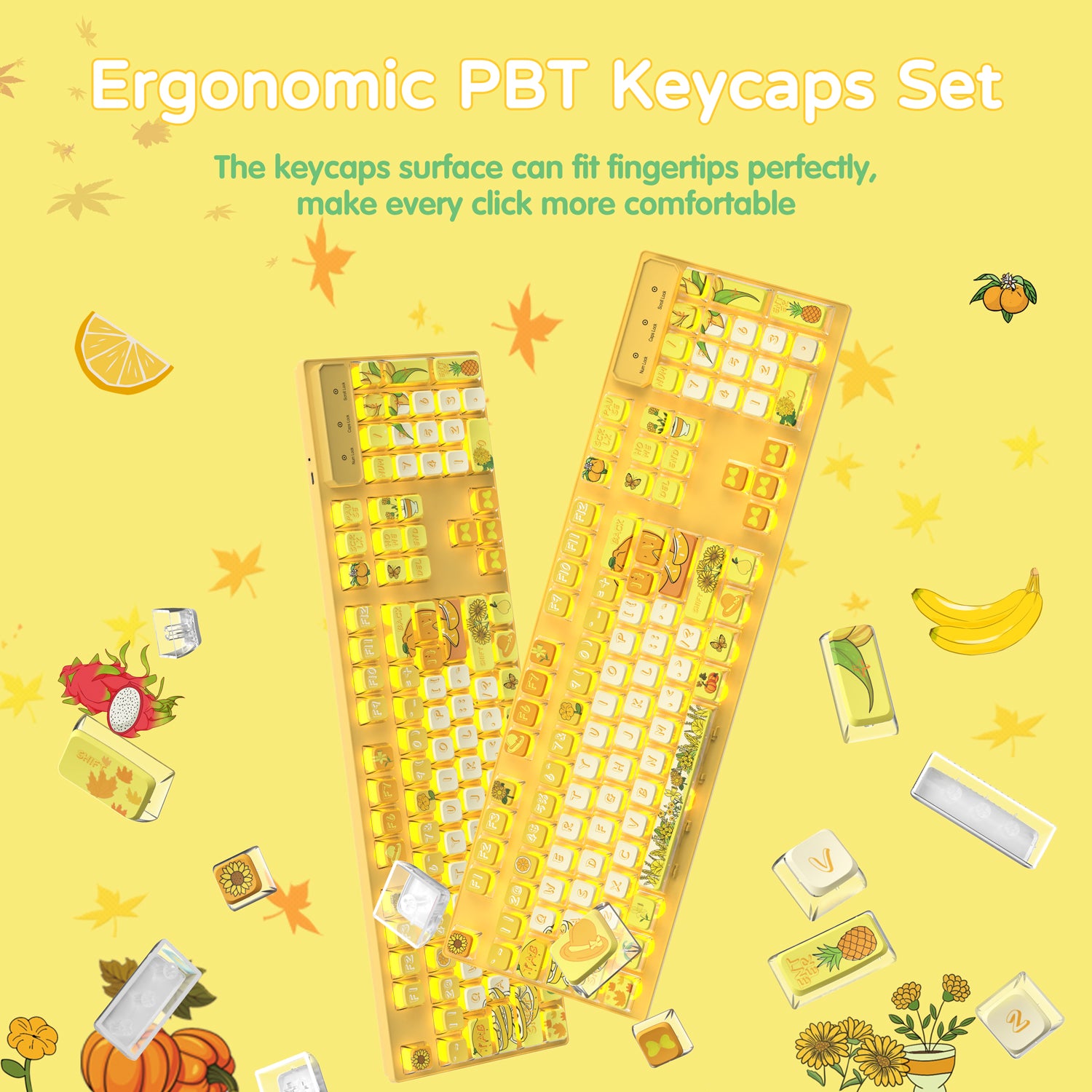 ATTACK SHARK 120 Keys PBT Dye-Sublimation Ergonomic Pudding Keycaps Set with fruit and fall leaf designs