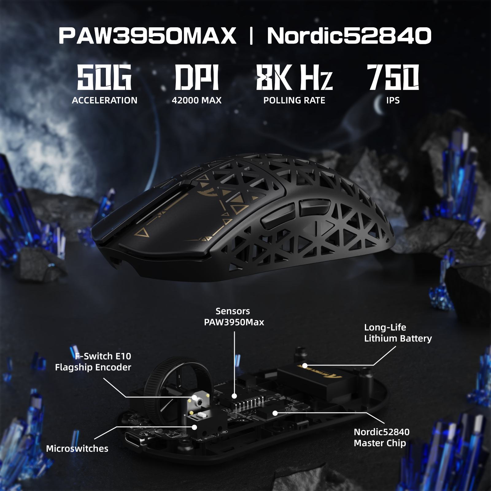 Souris gaming sans fil ATTACK SHARK R5 ULTRA en fibre de carbone 8K PAW3950MAX