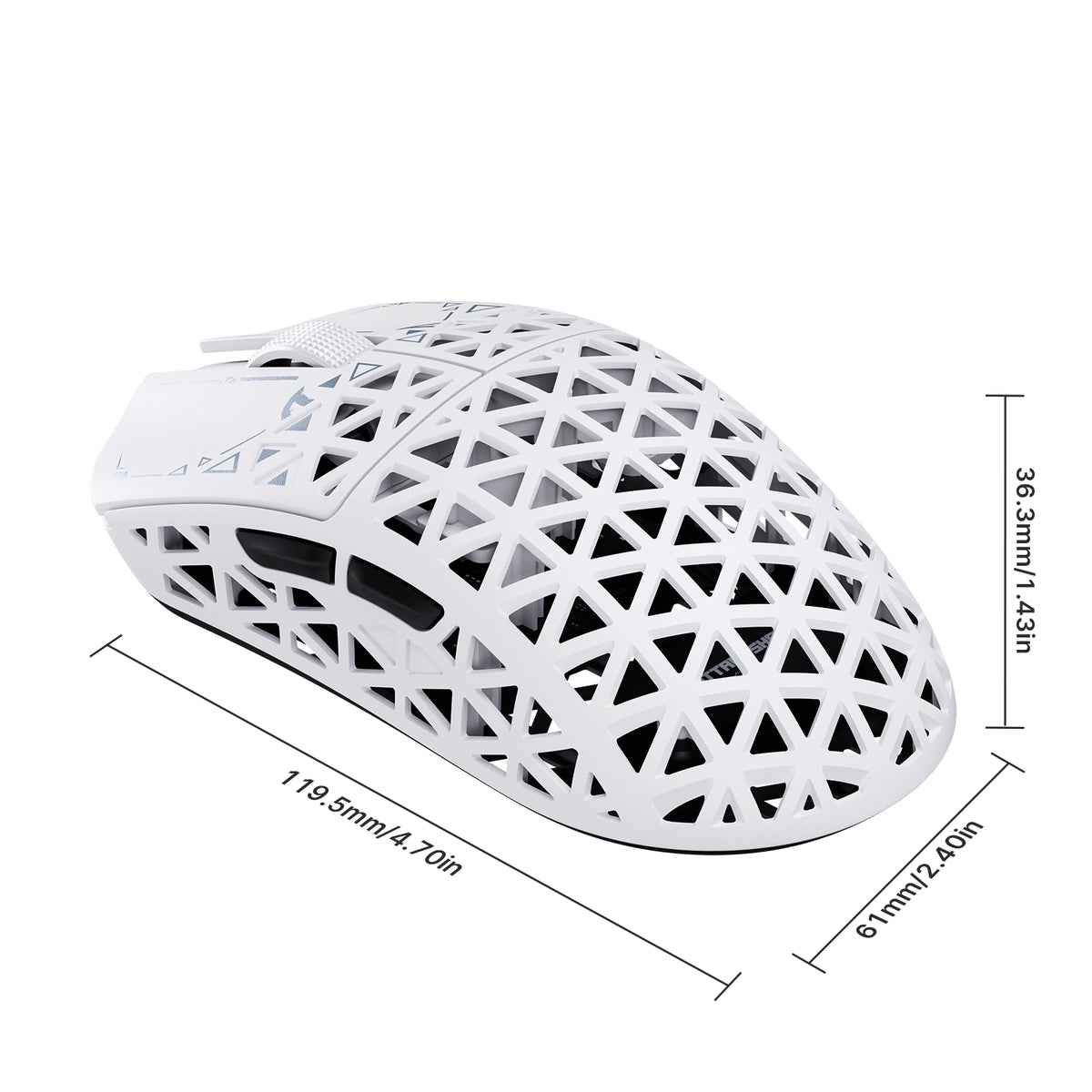 ATTACK SHARK R5 TURBO in White, dimensions 119.5 x 61 x 36.3mm