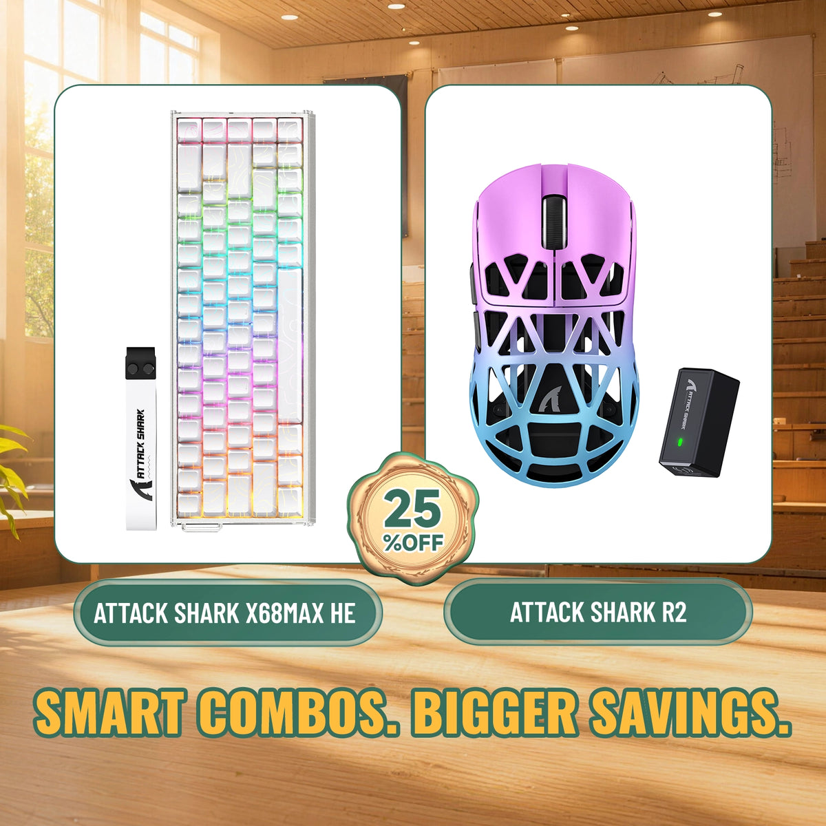 Ensemble clavier en aluminium ATTACK SHARK X68 MAX HE à déclenchement rapide + souris gaming sans fil R2 en alliage de magnésium