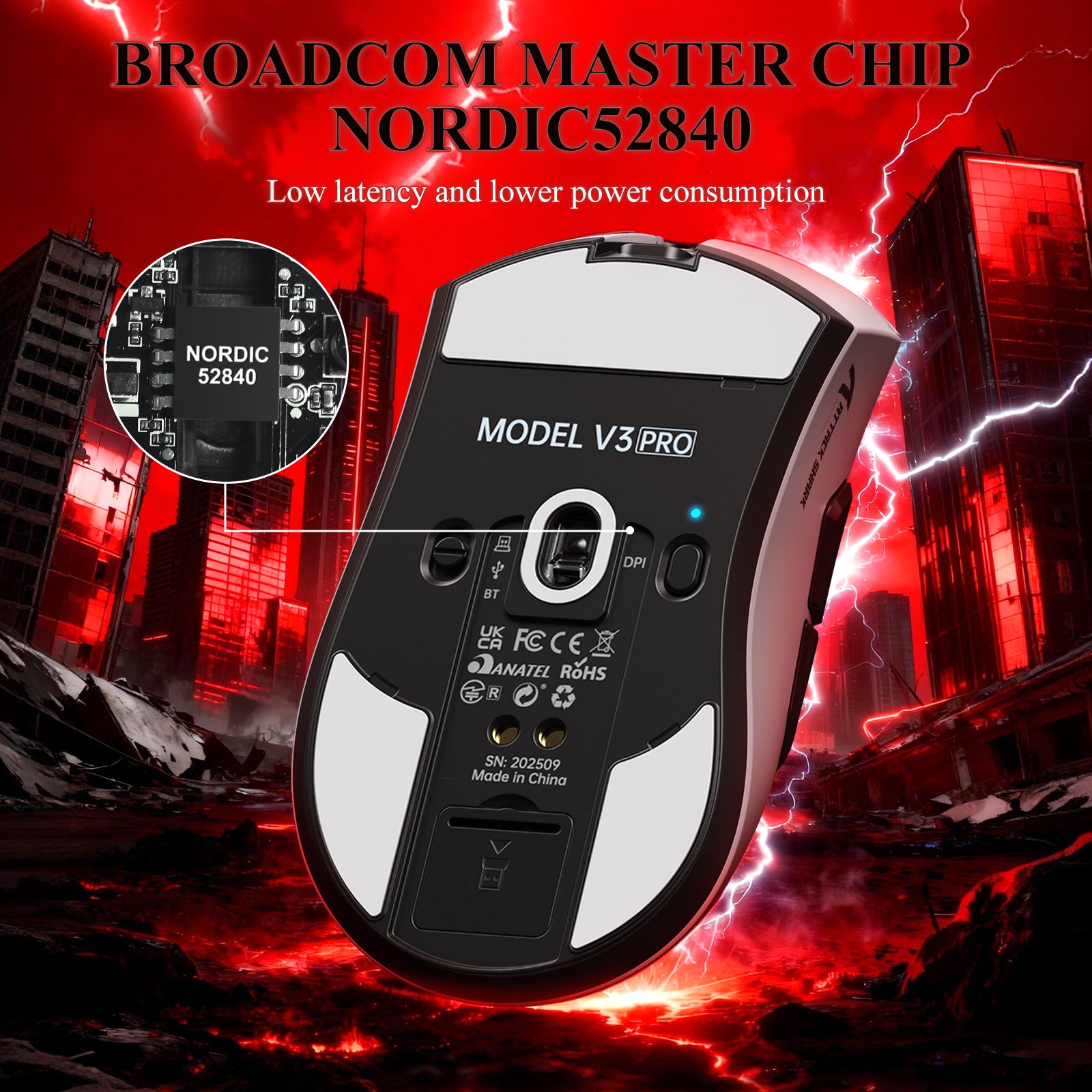 Souris de jeu tri-mode ultra-légère ATTACK SHARK V3PRO avec station de charge