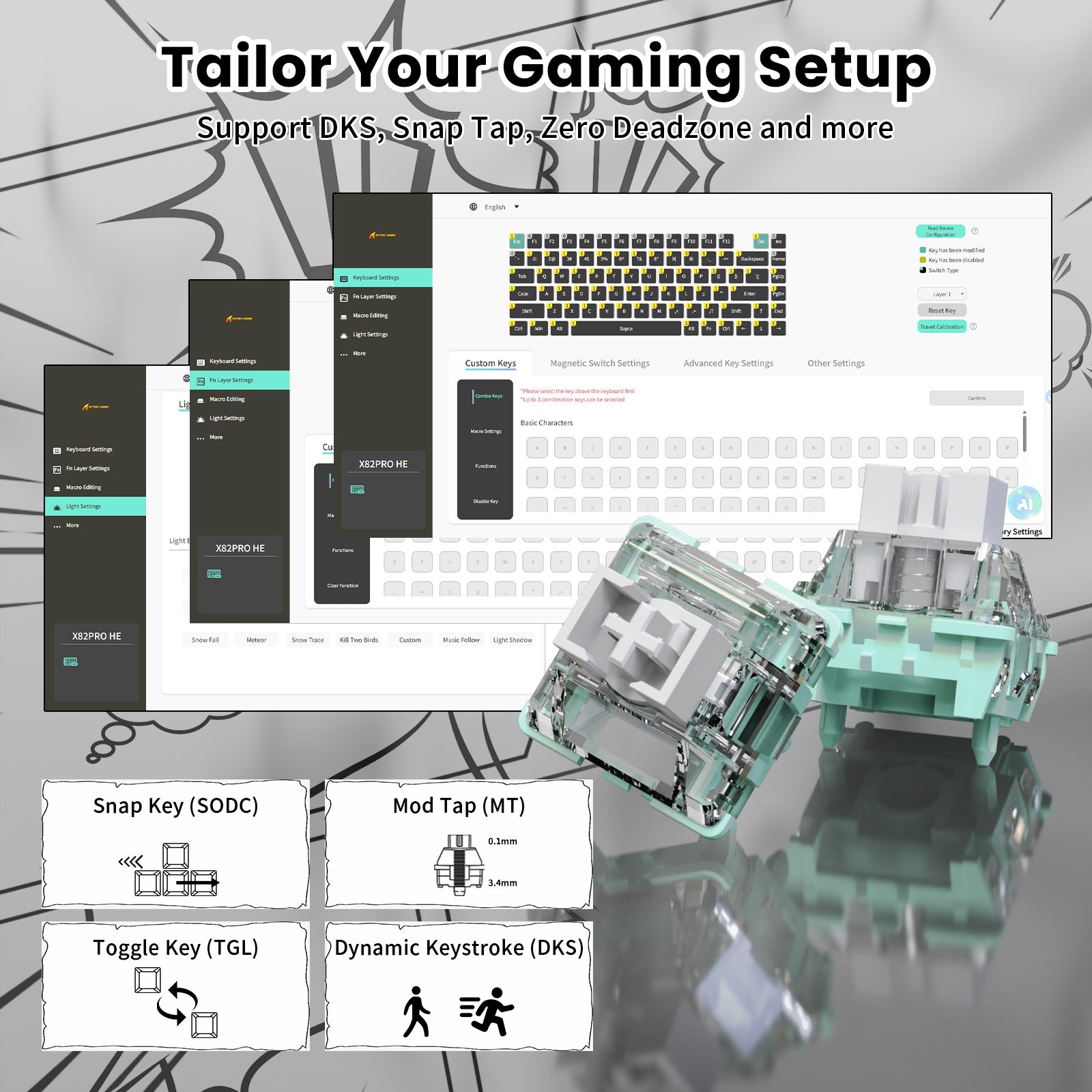 ATTACK SHARK X82PRO HE keyboard customization: DKS, Snap Tap, Mod Tap settings, and magnetic switch details.