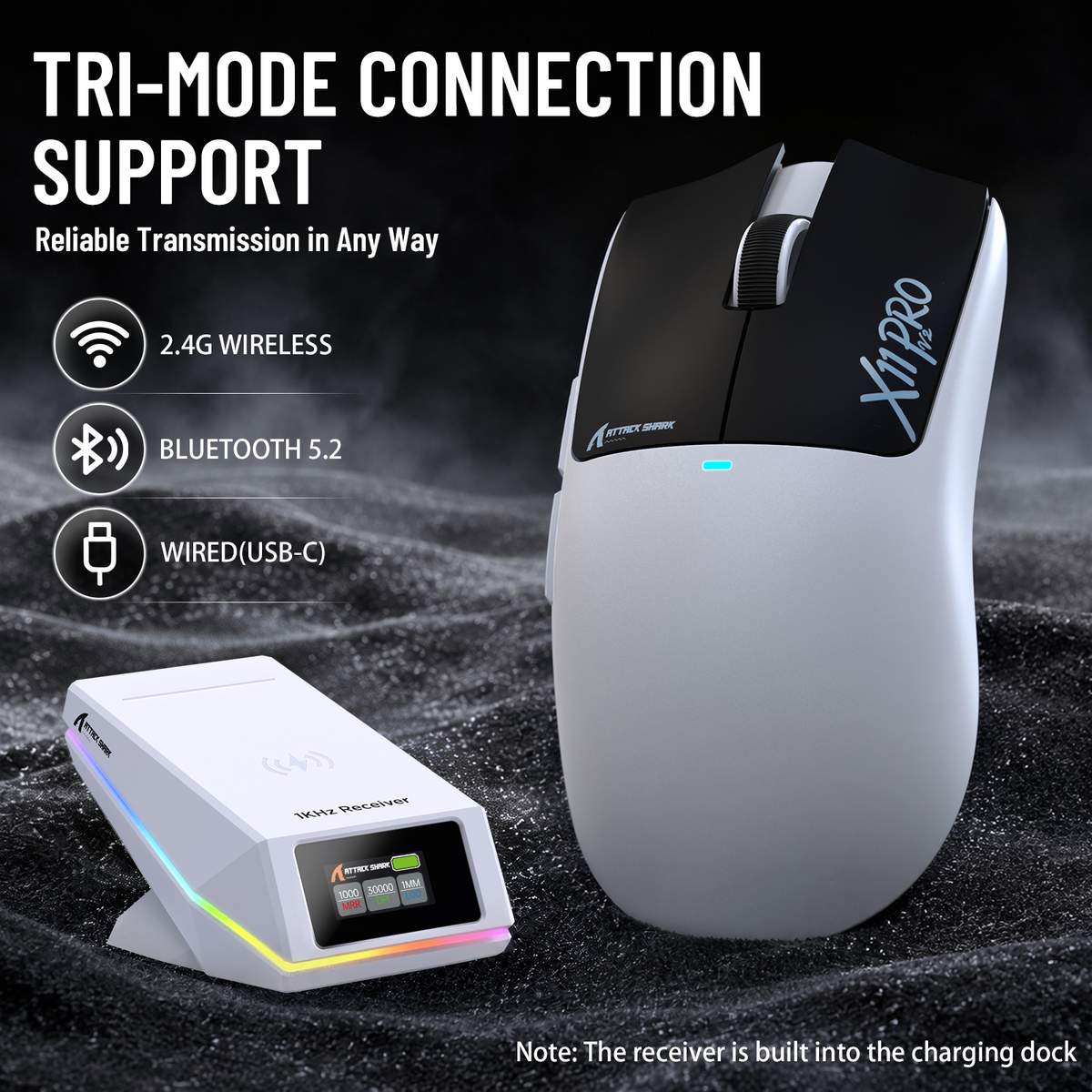 Souris de jeu sans fil ATTACK SHARK X11 PRO V2 avec écran TFT, station de charge et câble enroulé C06