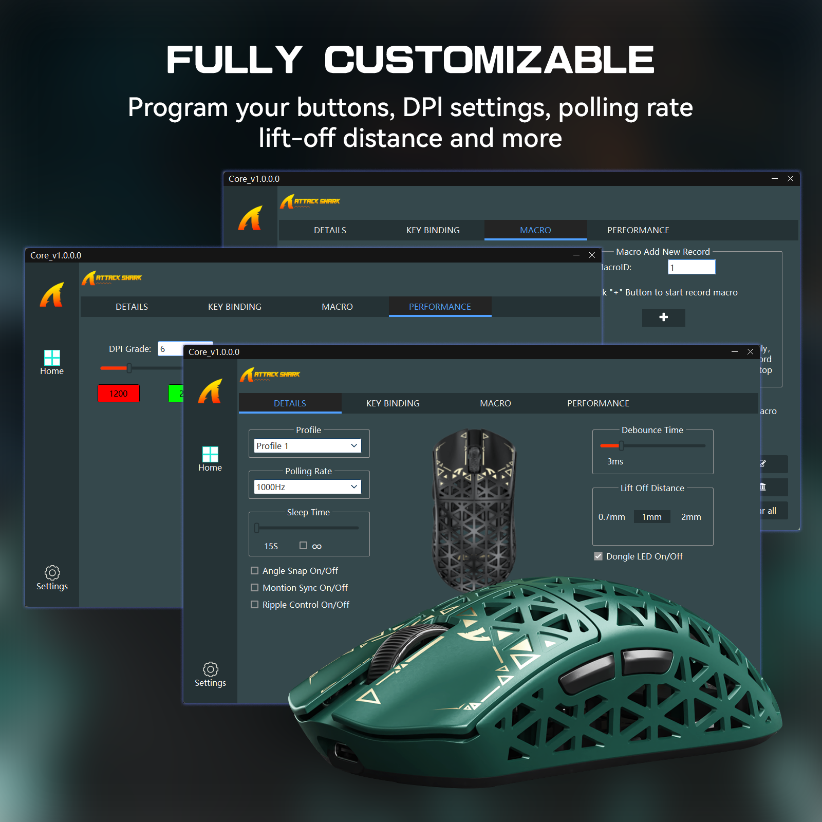 ATTACK SHARK R5 gaming mouse with customizable software interface showing DPI settings, polling rate, and macro options.