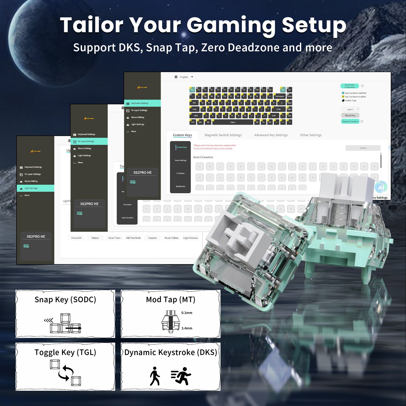 ATTACK SHARK X82PRO HE keyboard customization: DKS, Snap Tap, Zero Deadzone, magnetic switch settings. Custom key settings.