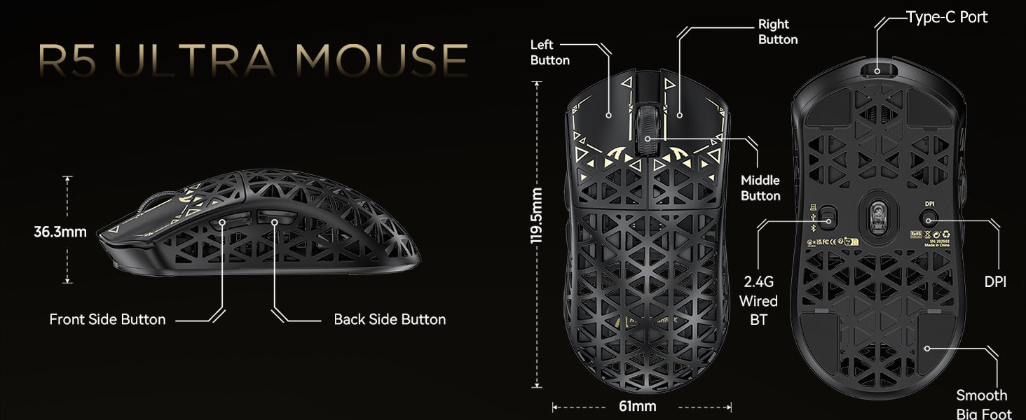 Souris de jeu sans fil 8K ATTACK SHARK R5 Ultra en fibre de carbone PAW3950MAX