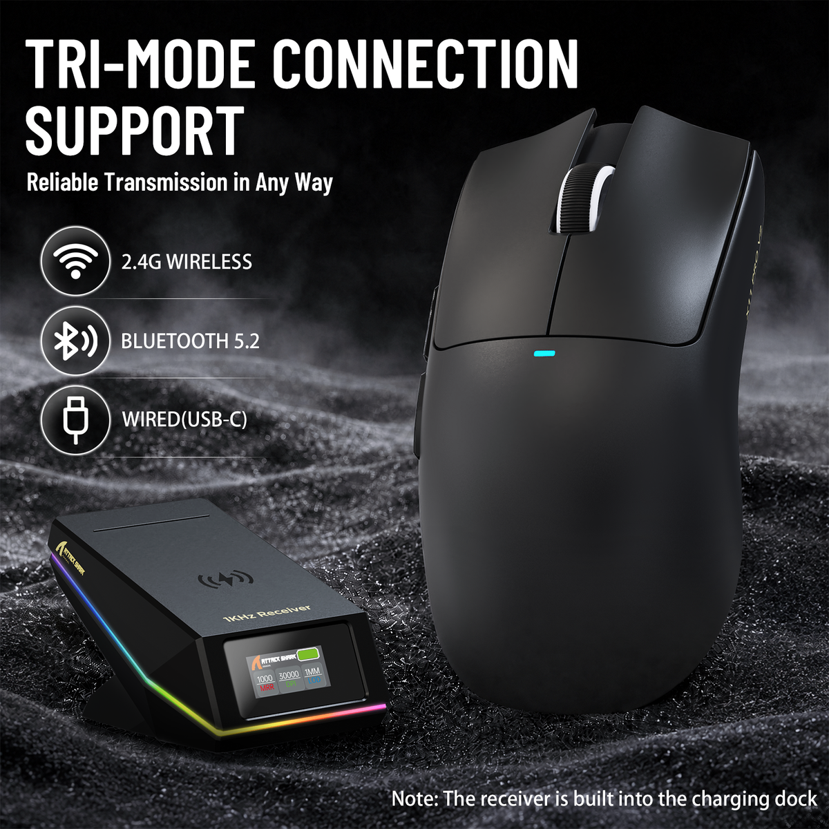 Souris de jeu sans fil ATTACK SHARK X11 PRO V2 avec écran TFT, station de charge et câble enroulé C06