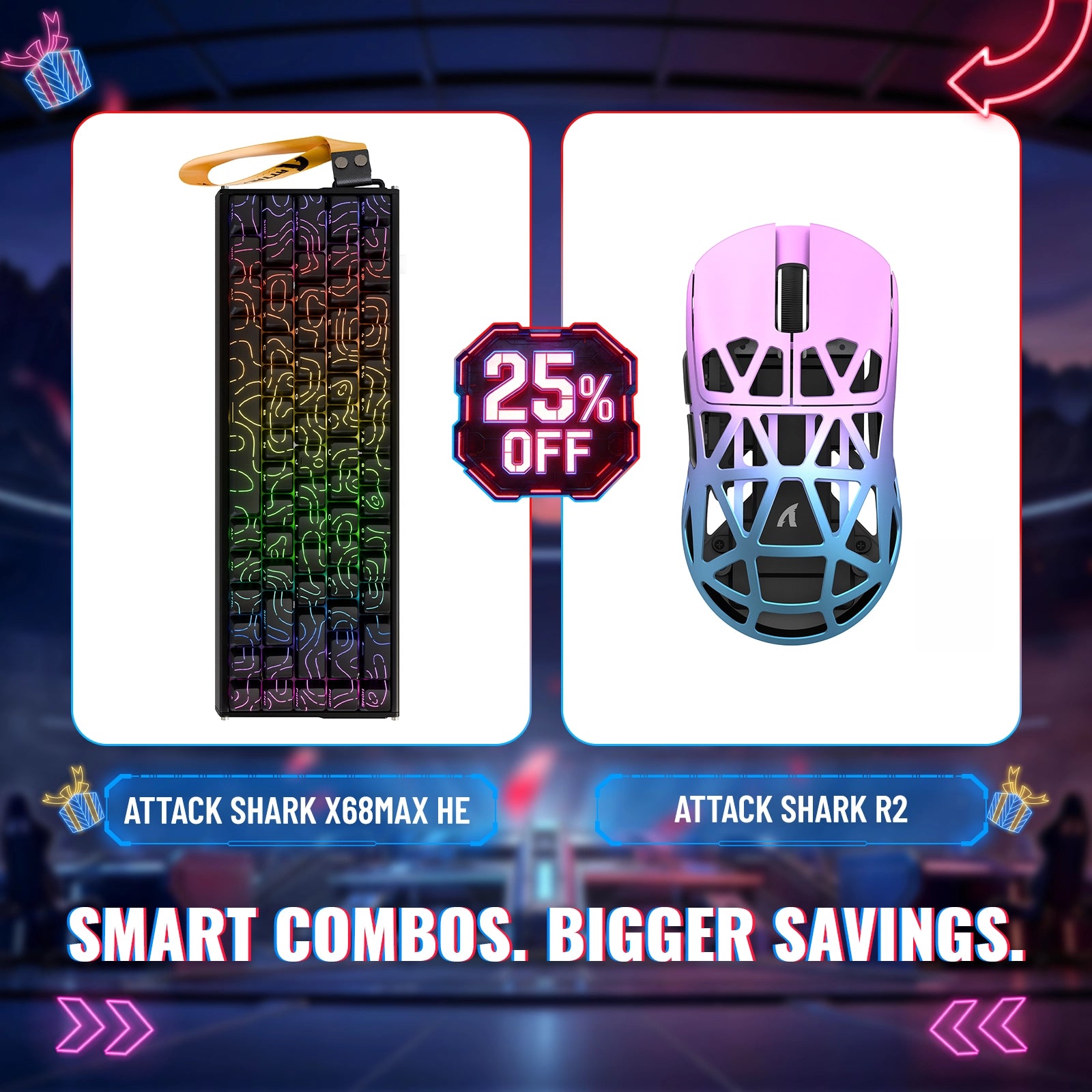 Pack clavier en aluminium à déclenchement rapide ATTACK SHARK X68MAX HE + souris de jeu sans fil en alliage de magnésium R2