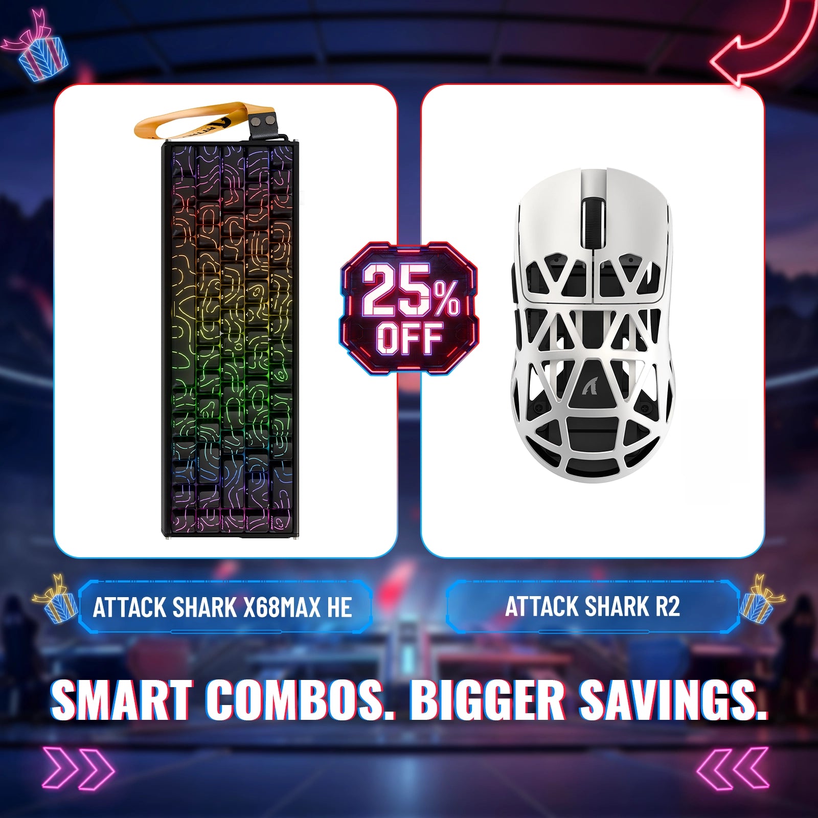 Pack clavier en aluminium à déclenchement rapide ATTACK SHARK X68MAX HE + souris de jeu sans fil en alliage de magnésium R2