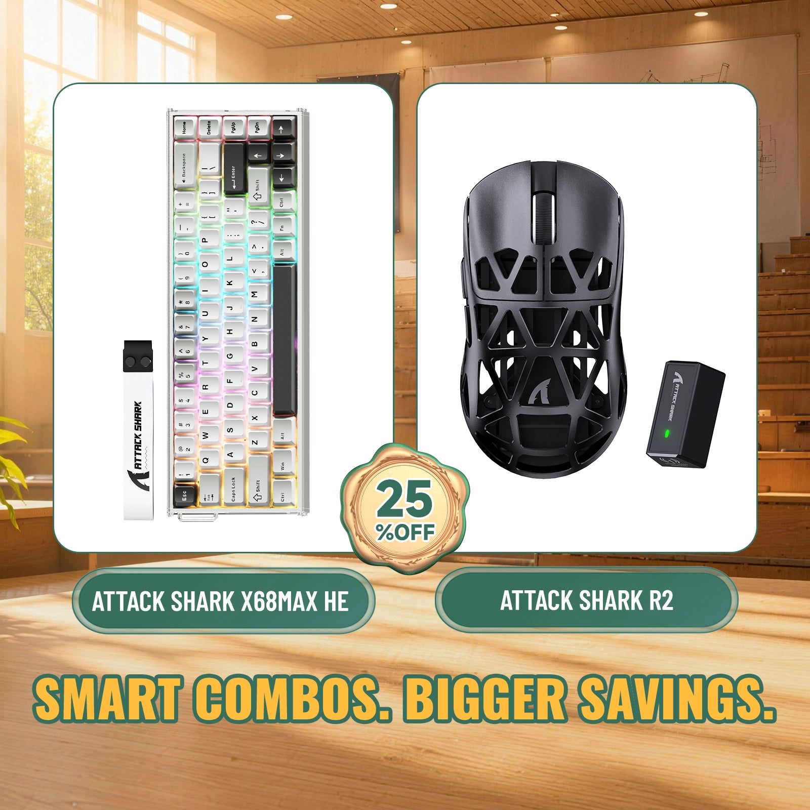 Ensemble clavier en aluminium ATTACK SHARK X68 MAX HE à déclenchement rapide + souris gaming sans fil R2 en alliage de magnésium