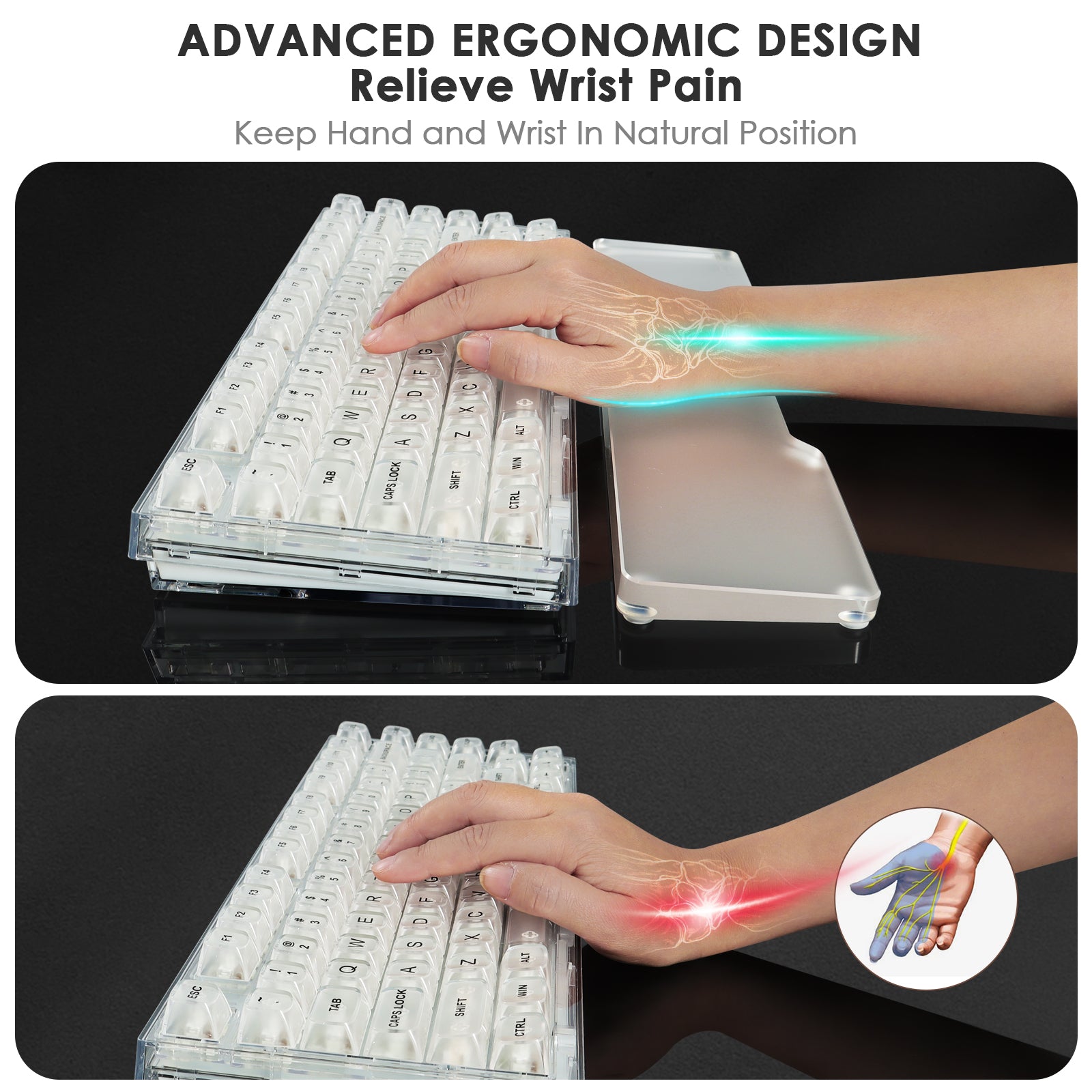 Ergonomic acrylic wrist rest enhancing natural hand position to relieve wrist pain.