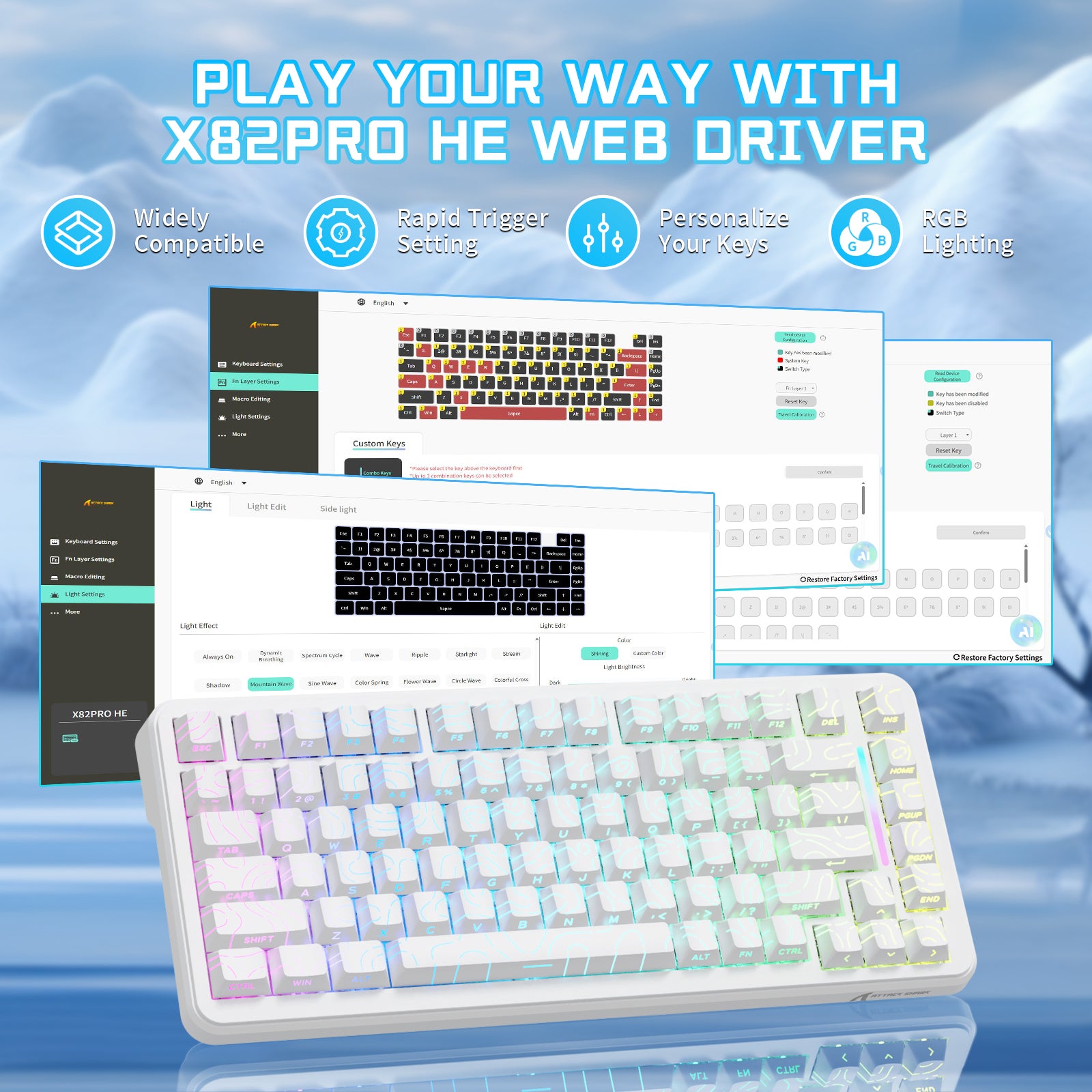 ATTACK SHARK X82PRO HE gaming keyboard with Web Driver interface for customization and RGB lighting, white 75% TKL layout.