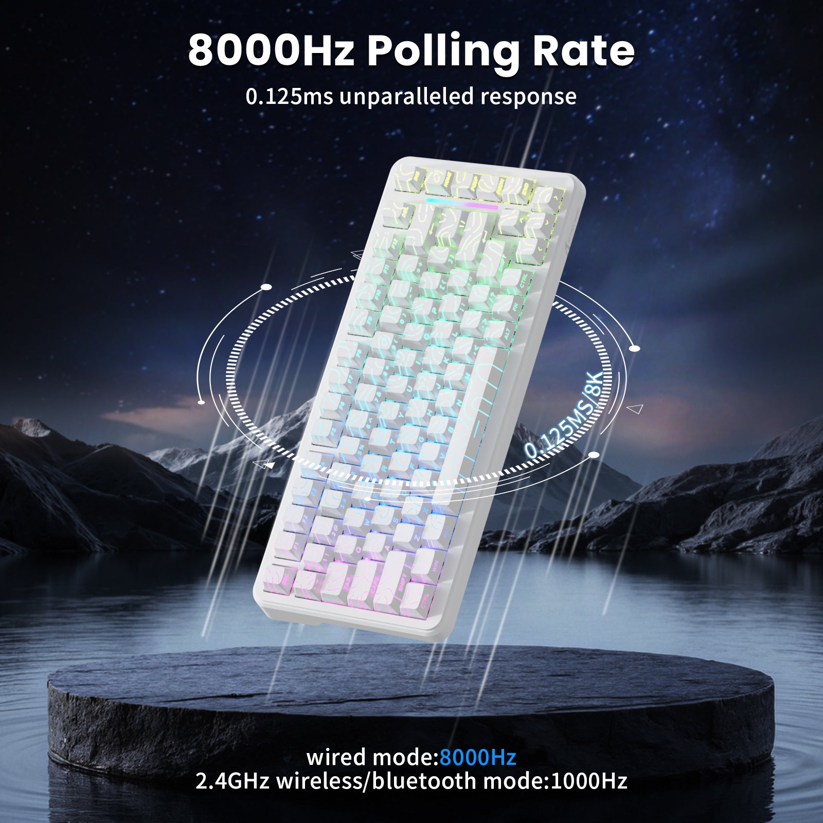 ATTACK SHARK X82PRO HE keyboard showcasing 8000Hz polling rate, 0.125ms response. White RGB keyboard on a dark background.