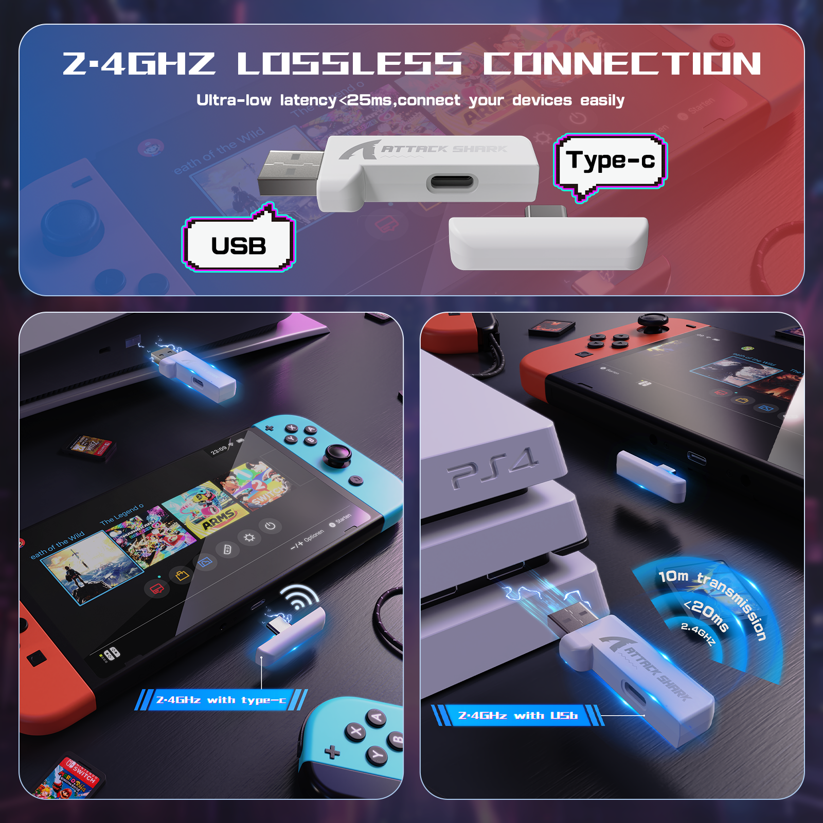 ATTACK SHARK adapters: USB & Type-C for 2.4GHz wireless, low latency connection to Nintendo Switch & PS4.