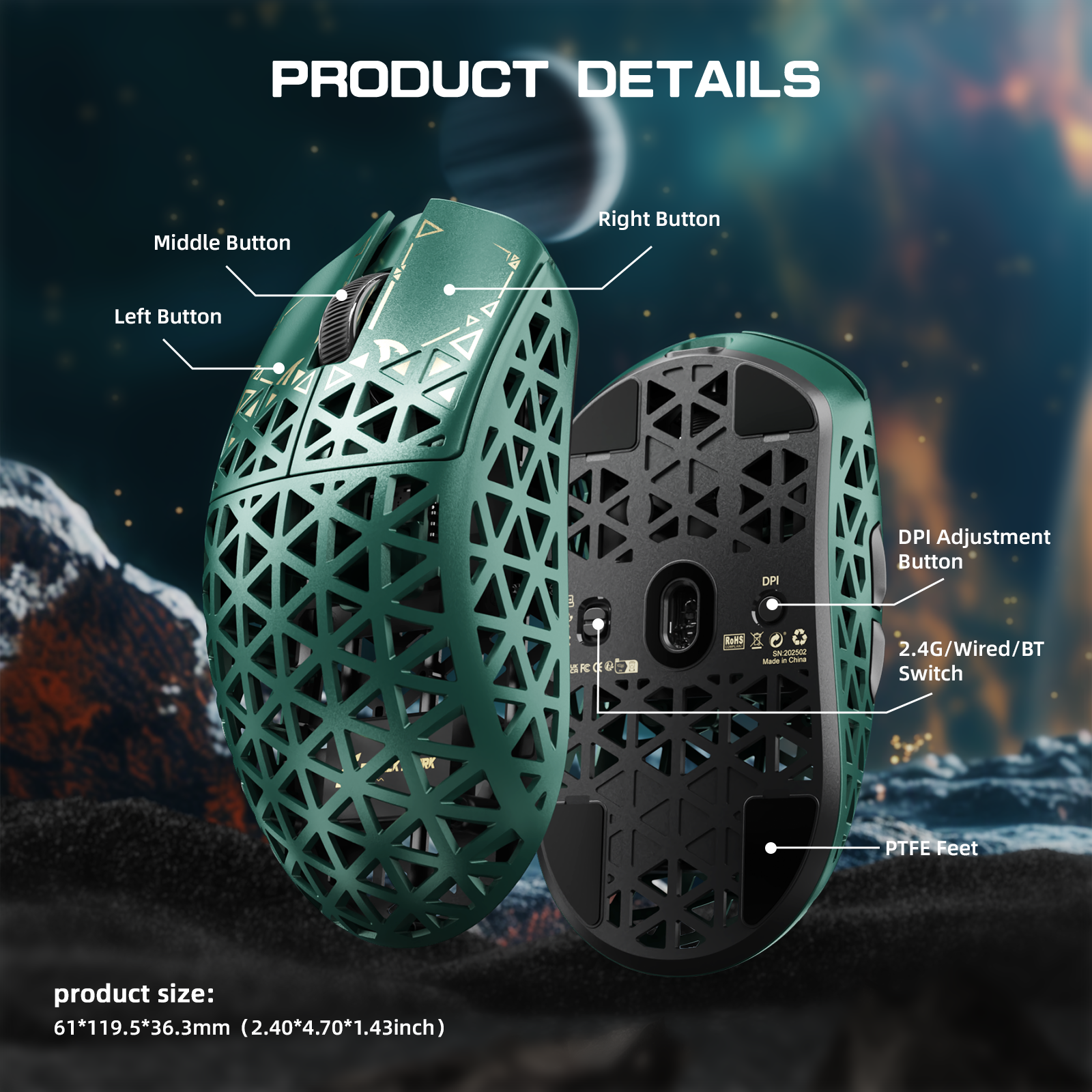 ATTACK SHARK R5 gaming mouse with green honeycomb design, showing top and bottom views with labeled buttons and features.